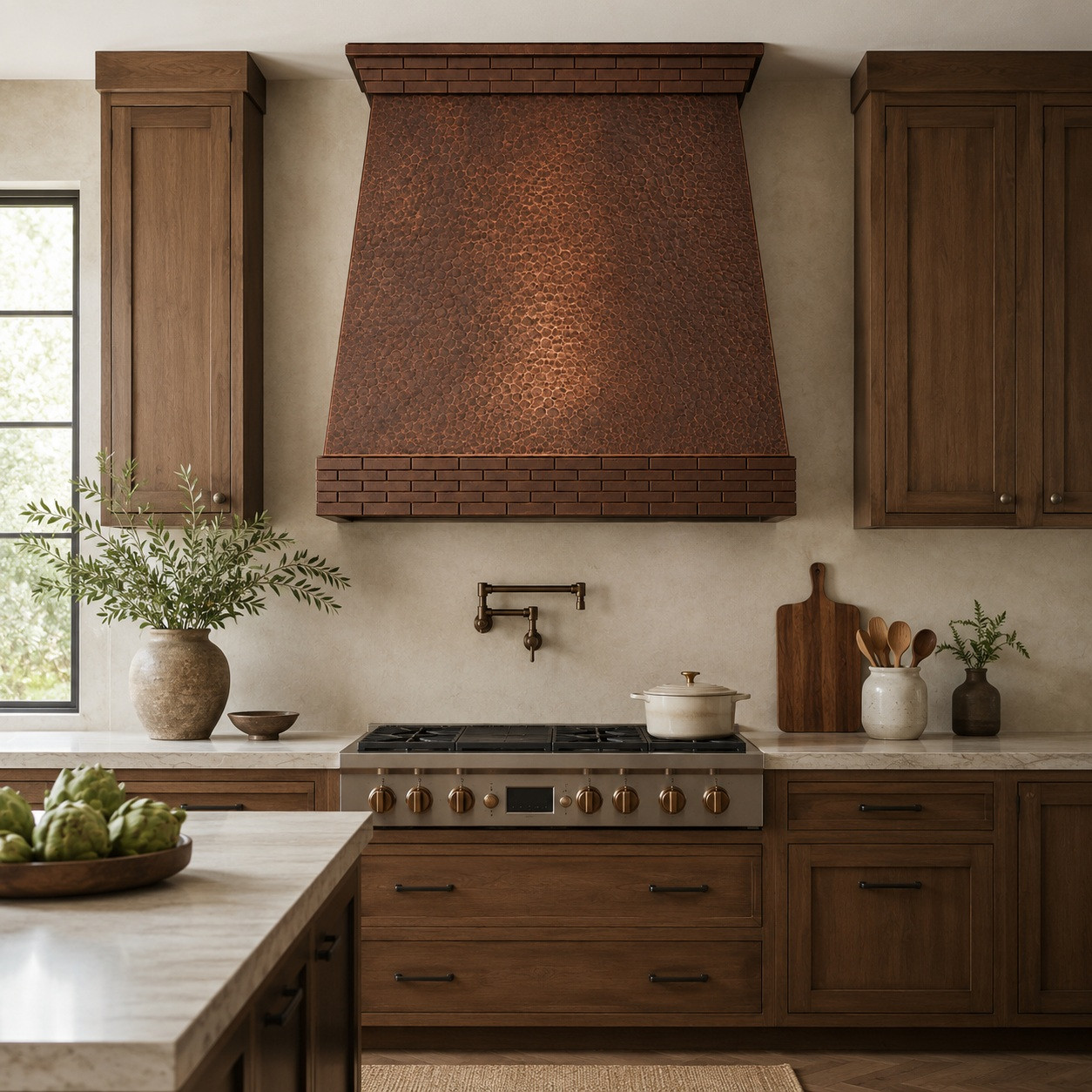 Transitional rustic kitchen with hammered copper range hood, shaker cabinets, quartzite counters, and bronze hardware