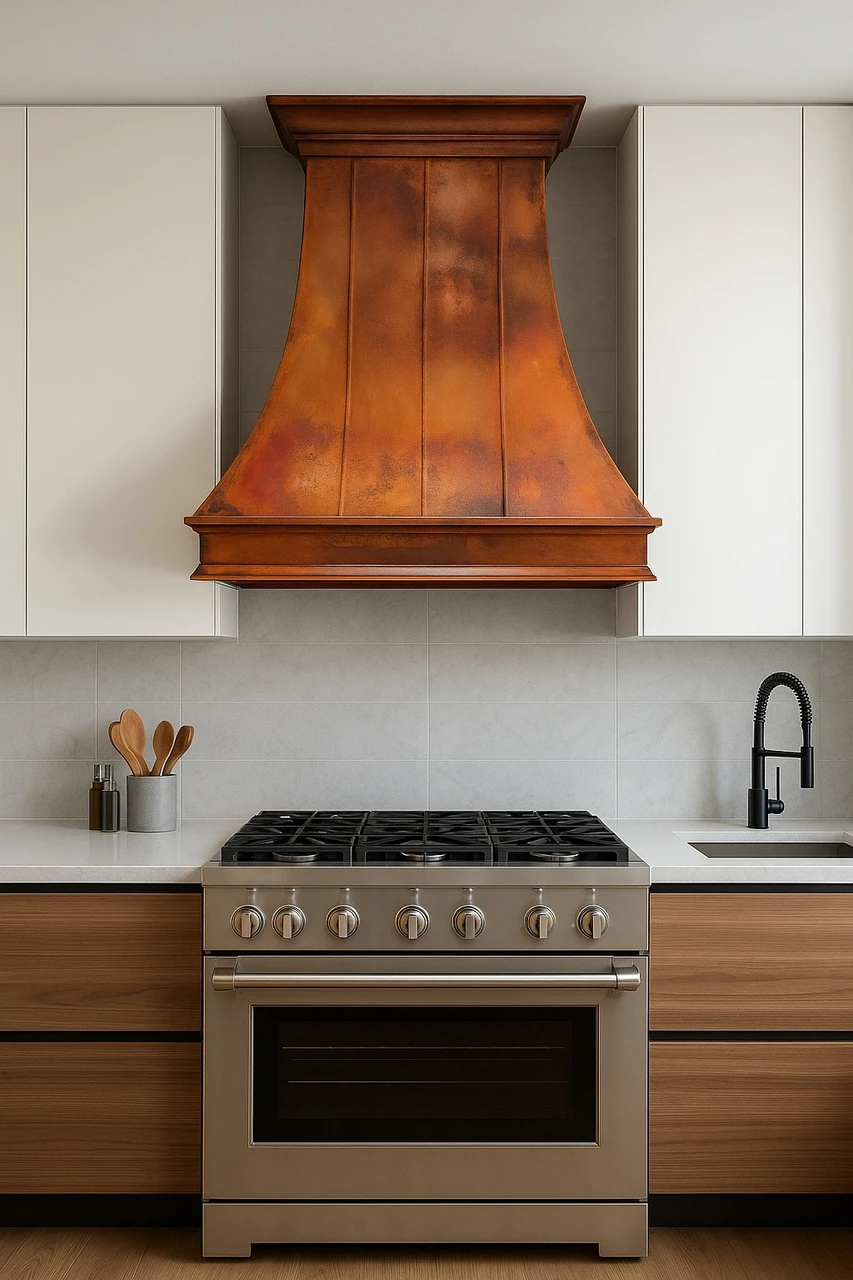 Country kitchen copper exhaust hood adding fired copper warmth to a modern kitchen