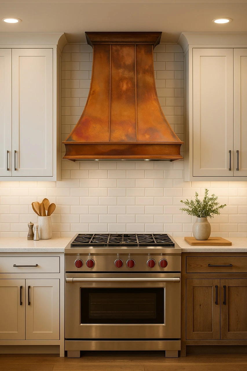 Transitional kitchen with sloping country copper exhaust hood and warm patina