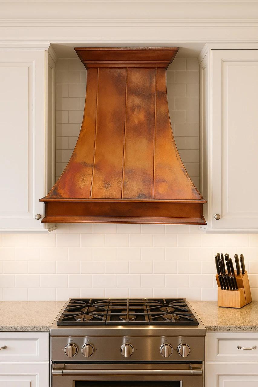 Traditional kitchen with handcrafted country copper exhaust hood and crown molding