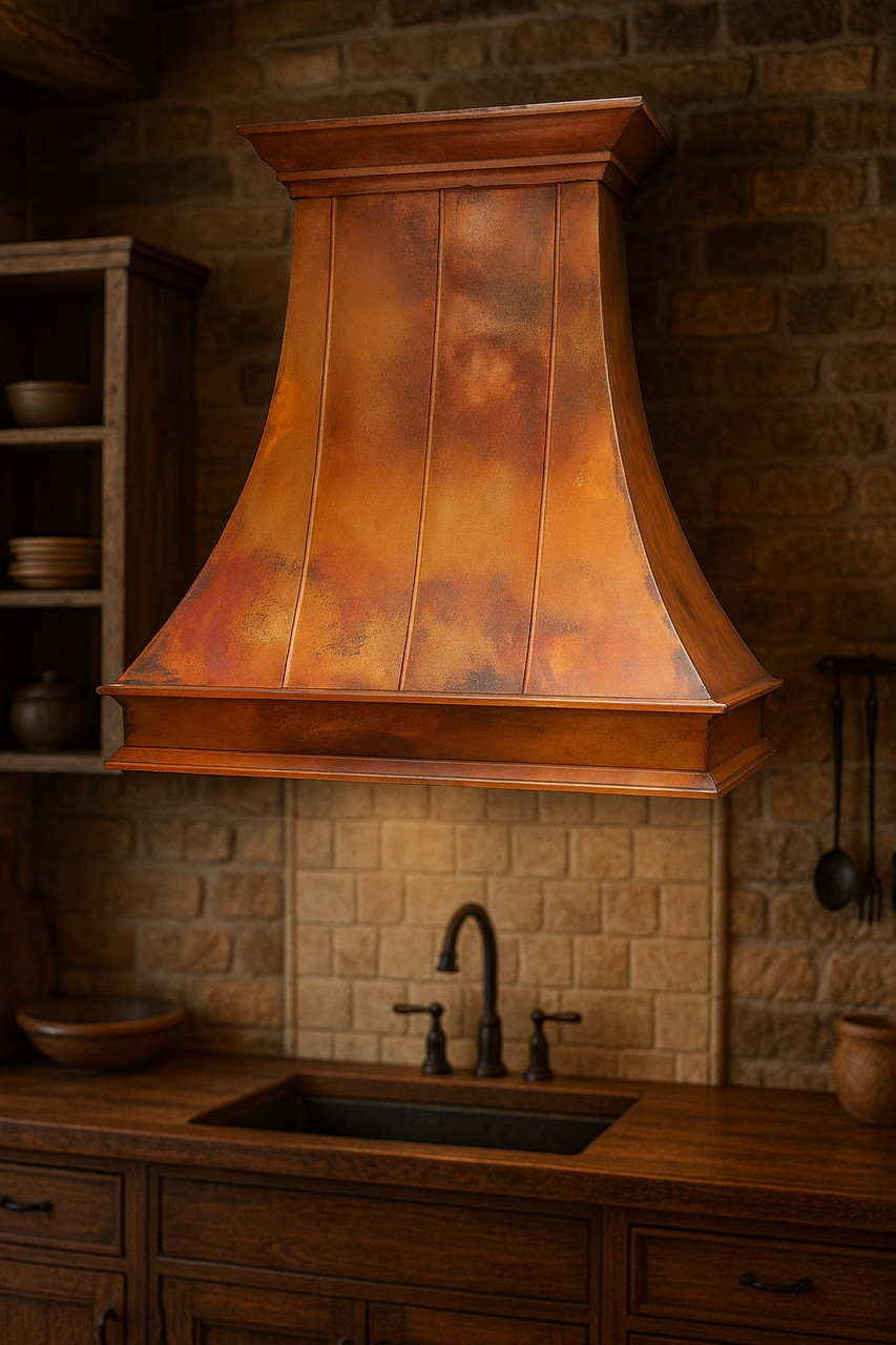Rustic kitchen with hammered country copper exhaust hood, stone, and timber