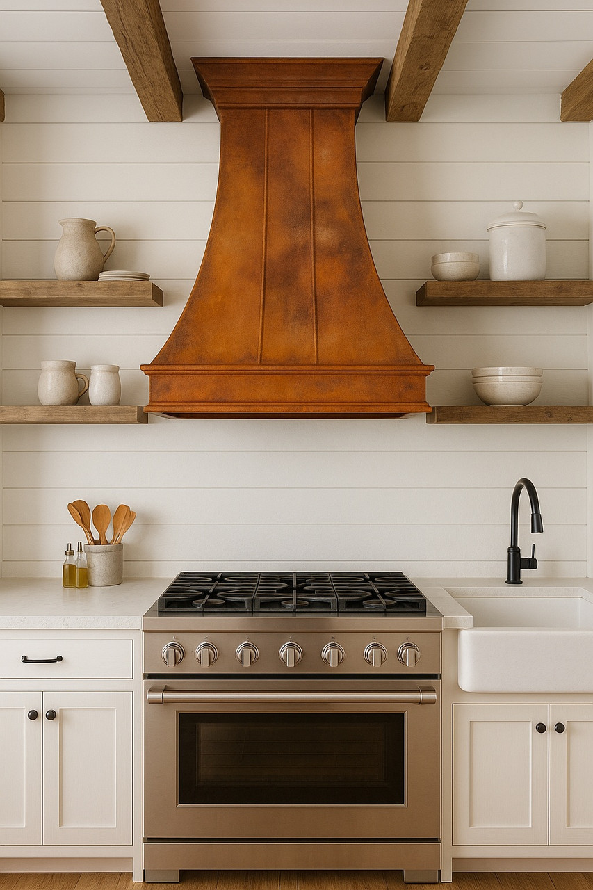 Farmhouse kitchen with handcrafted country copper exhaust hood and warm wood details
