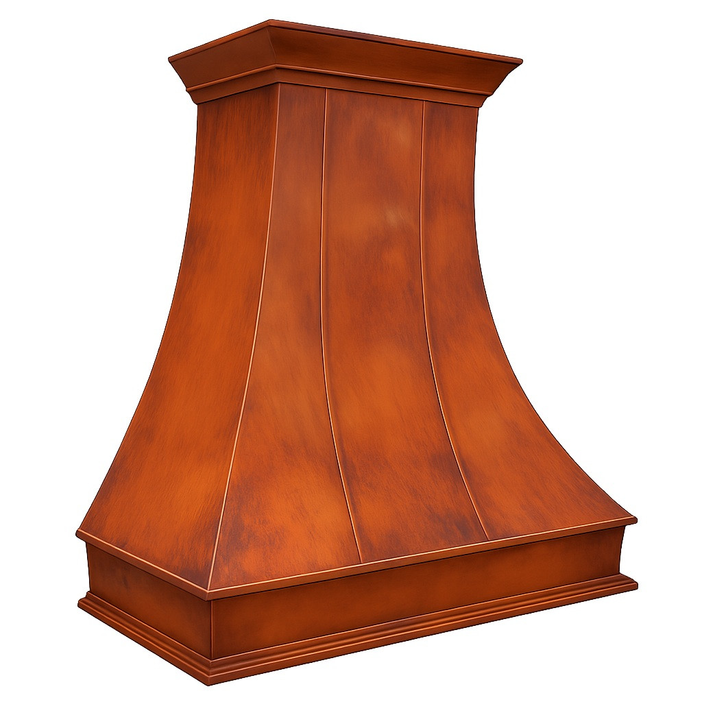 Country kitchen copper exhaust hood angled view, curved copper canopy with warm rustic patina and tapered side profile
