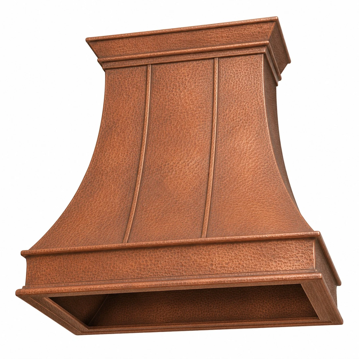 Underside view of country kitchen copper exhaust hood showing insert opening preparation