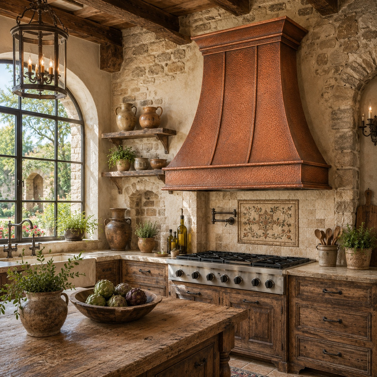 Rustic European kitchen with country copper exhaust hood, stone wall, timber, and warm patina