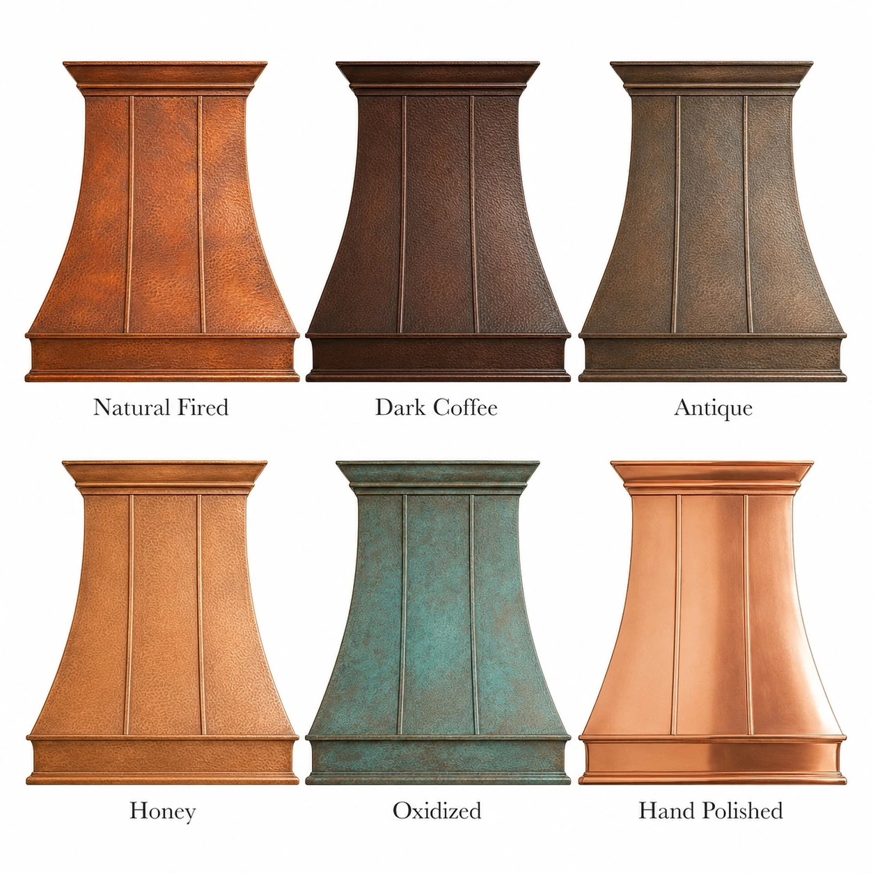 Country kitchen copper exhaust hood shown in copper patina finish options