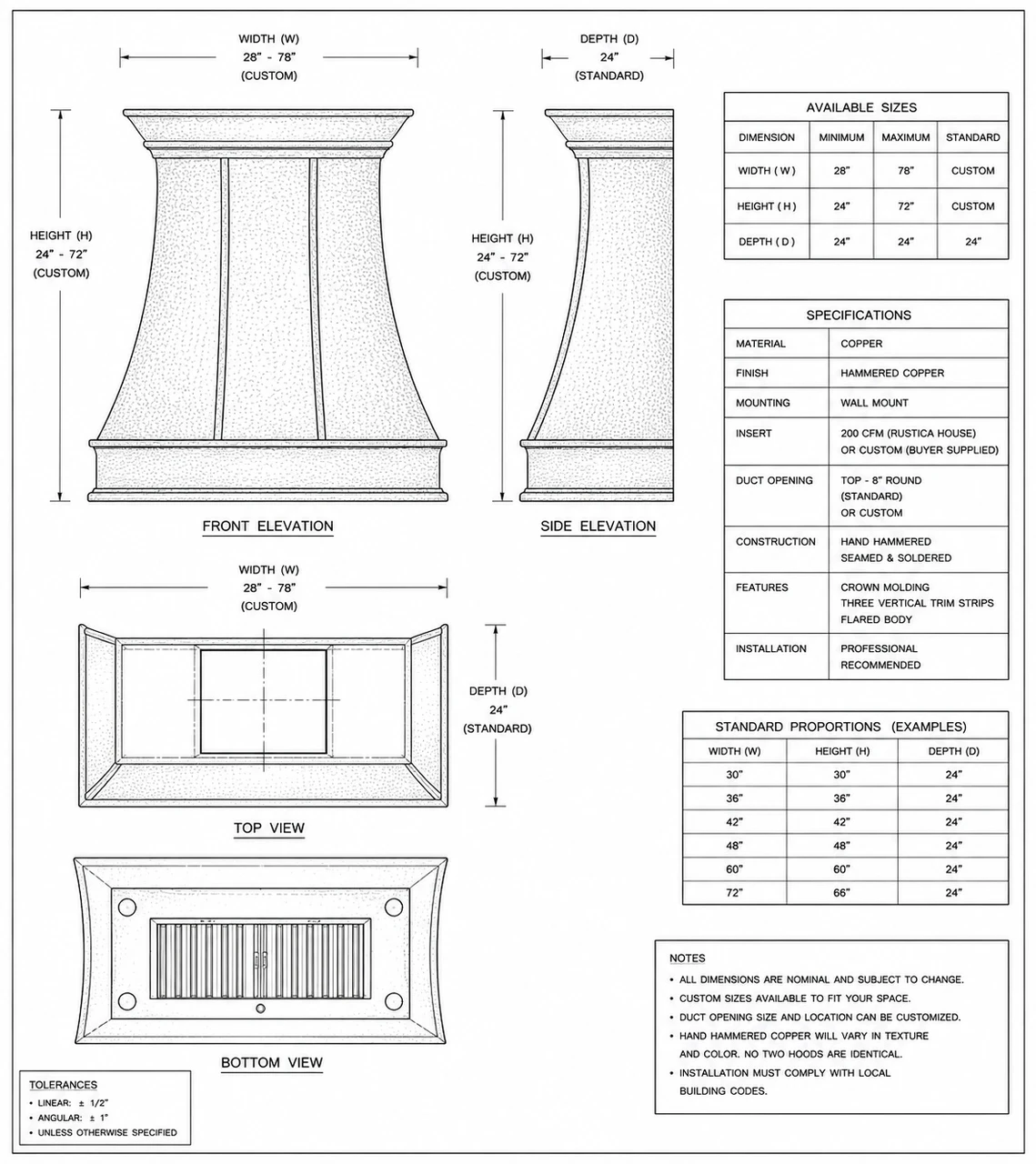 Technical drawing of country kitchen copper exhaust hood showing proportions and trim