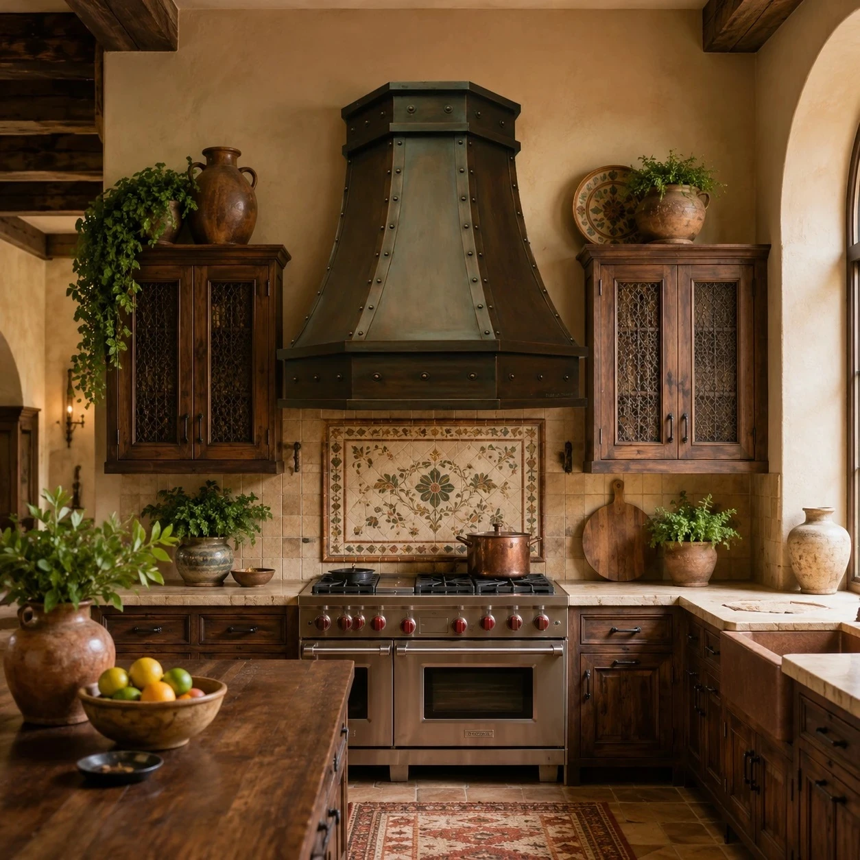 Colonial kitchen with faceted copper island range hood and riveted straps