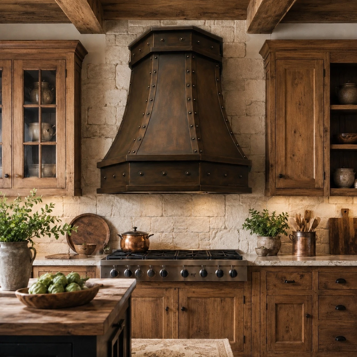 Faceted copper island range hood with riveted straps in a rustic contemporary kitchen with stone and wood