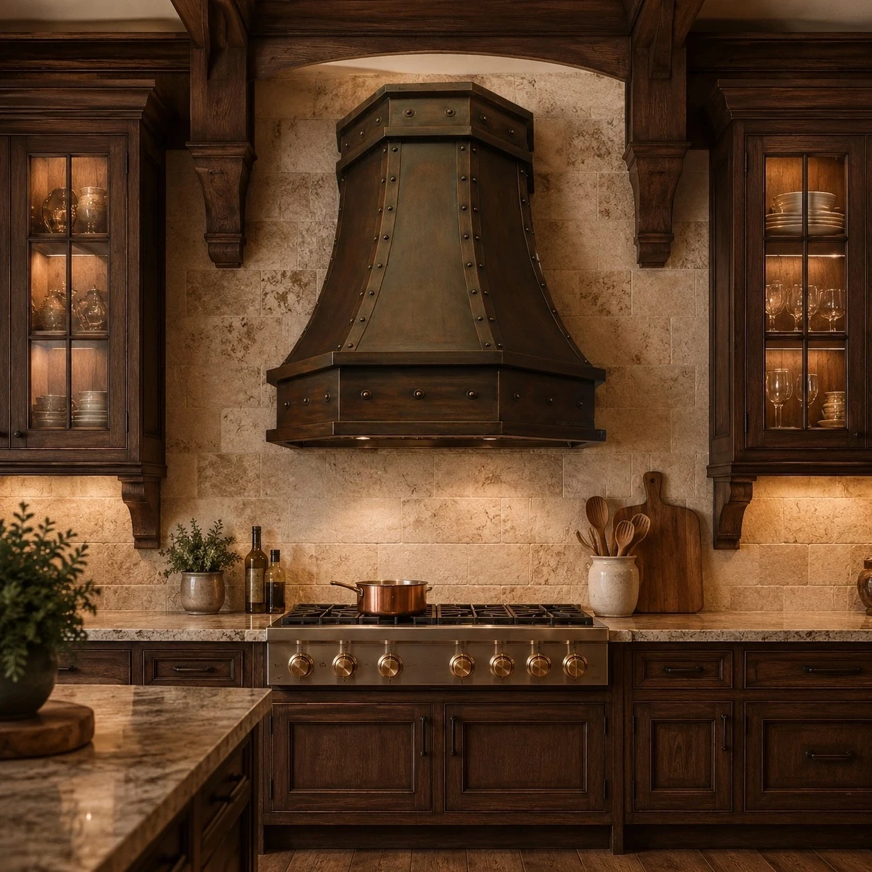 Transitional kitchen with faceted copper island range hood and riveted straps