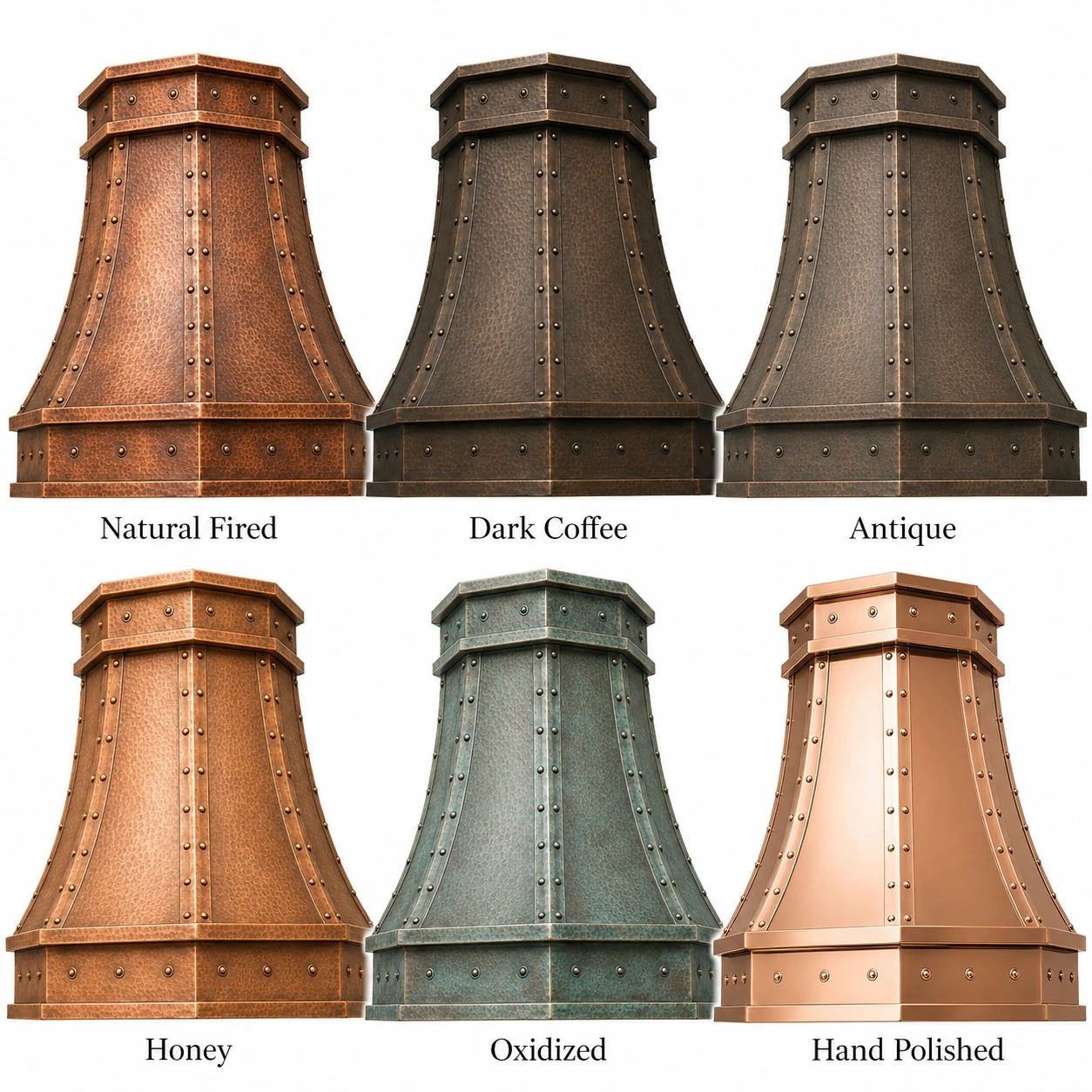 Copper patina finish options for faceted copper island range hood with riveted straps