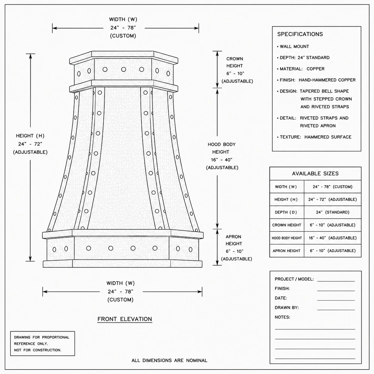 Technical drawing of faceted copper island range hood with riveted straps and angular canopy