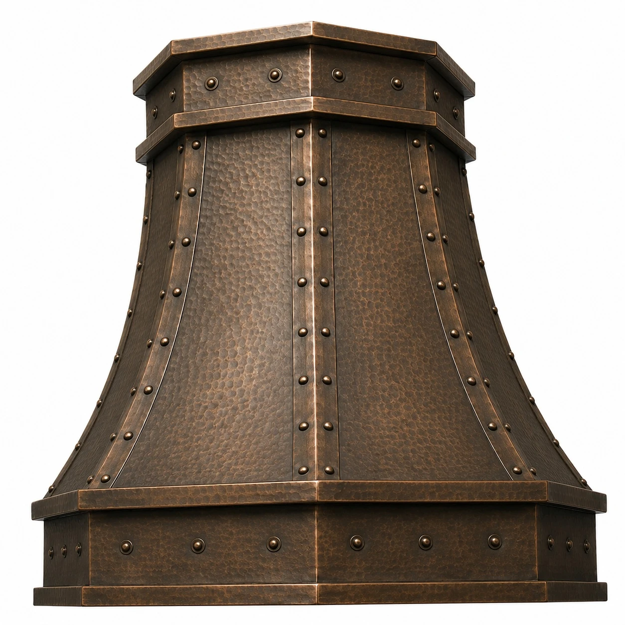 Faceted copper island range hood with riveted straps, hammered texture and antique patina