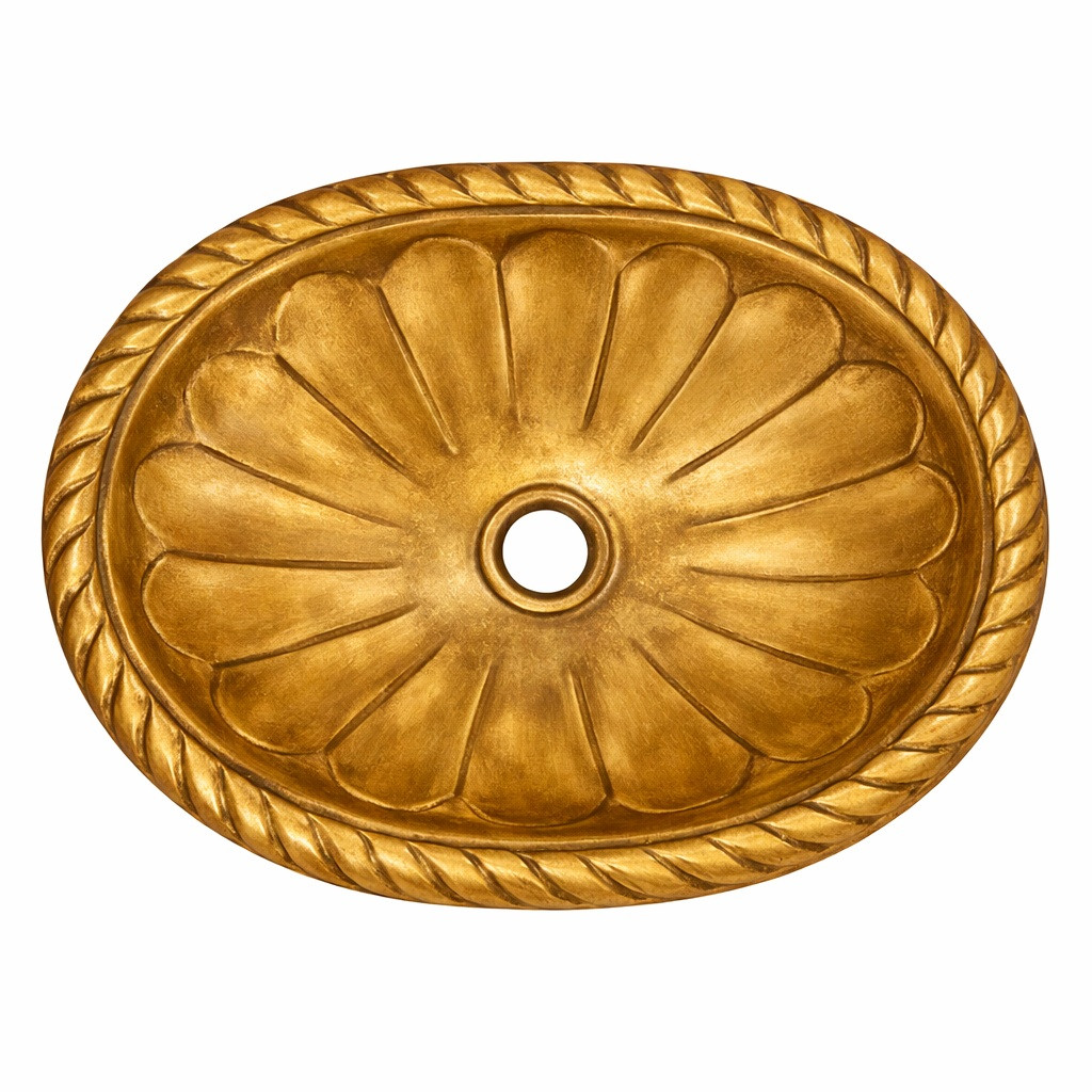Aged brass oval drop-in bathroom sink with radial fluted design with warm patina finish