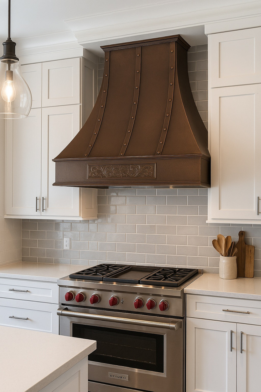 Customized hammered copper vent hood  in a transitional style kitchen