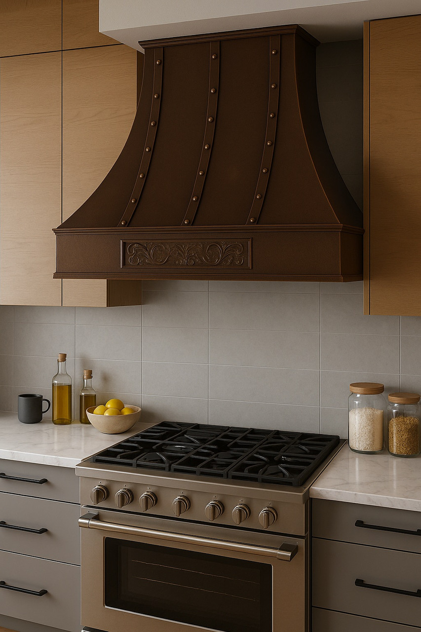 Modern kitchen with custom copper hood and minimalist style