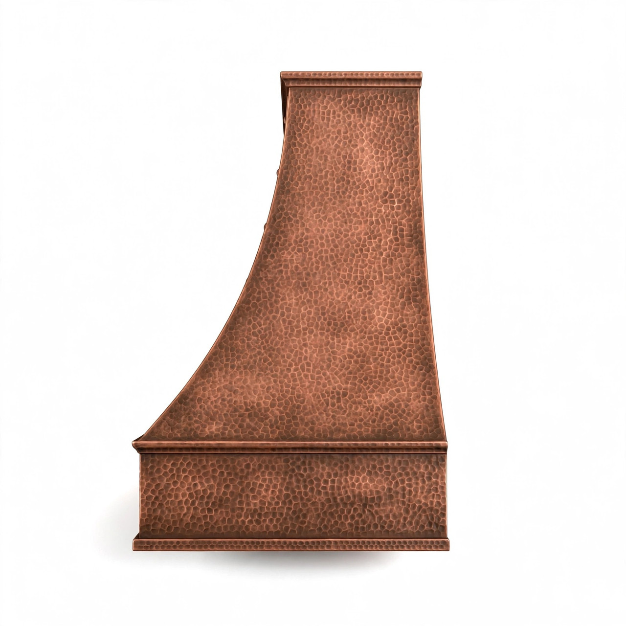 Custom embossed apron copper range hood with bell canopy, side view