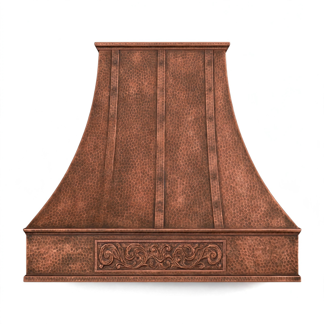 Custom embossed apron copper range hood with bell canopy, front view