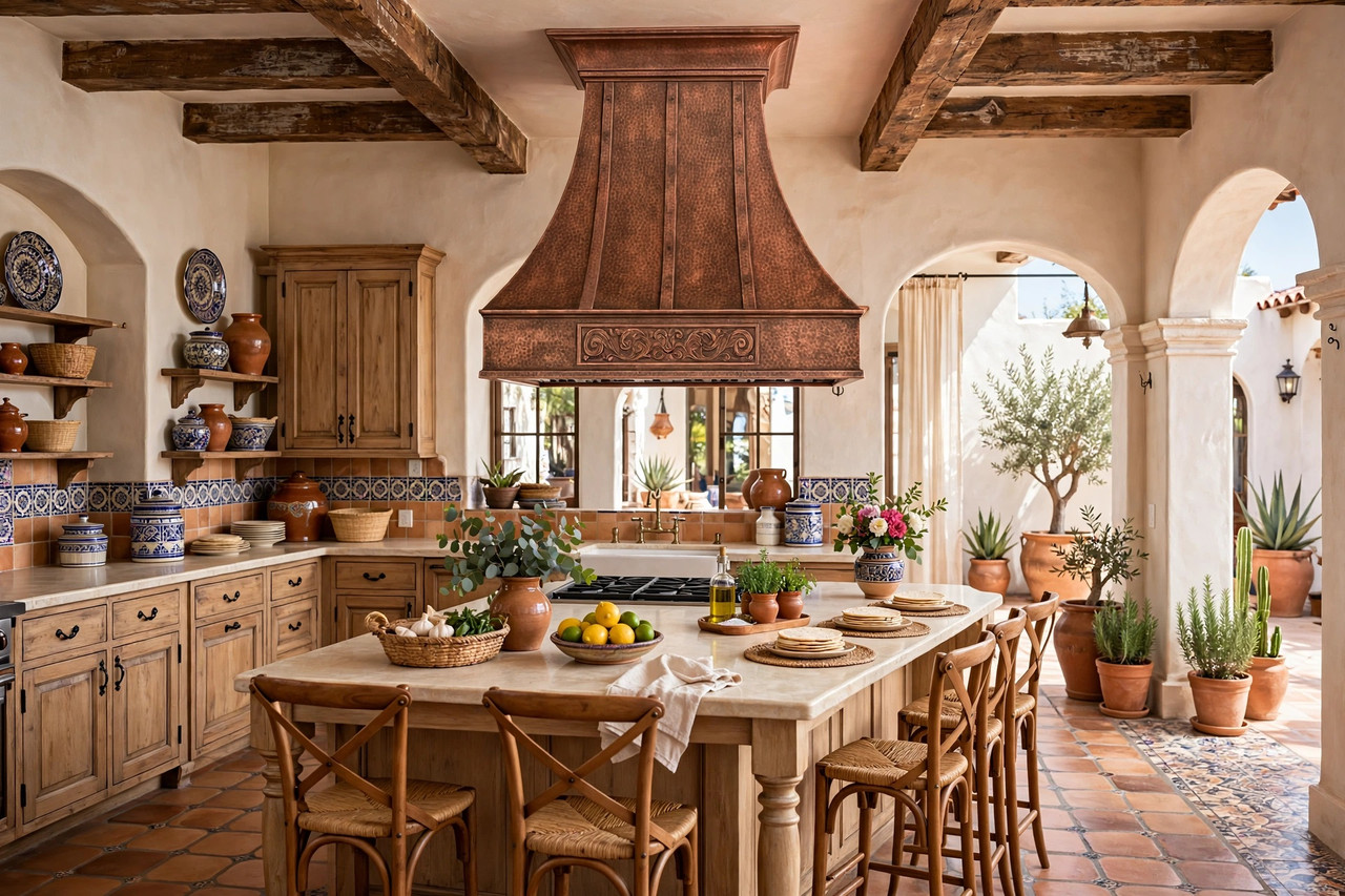 Custom embossed apron copper range hood with bell canopy in Spanish colonial kitchen
