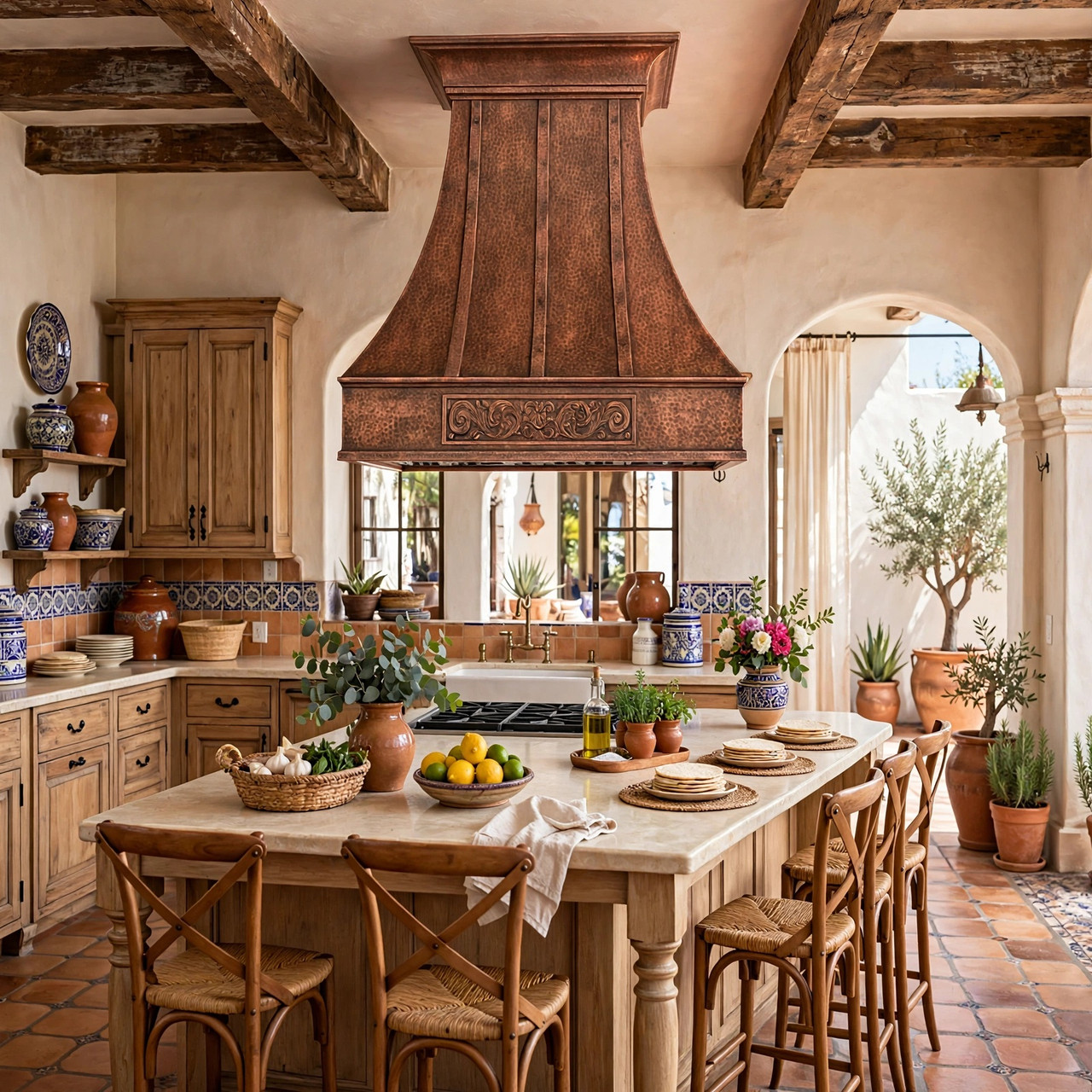 Custom embossed apron copper range hood with bell canopy, Old World perimeter kitchen