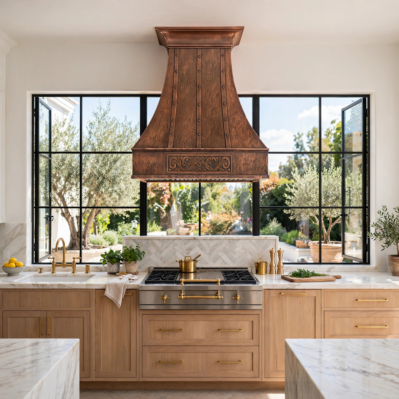 Custom embossed apron copper range hood with bell canopy in luxury rustic kitchen