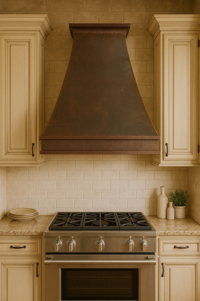Exhaust copper kitchen hood in traditional kitchen, pyramidal hammered copper canopy with rustic patina above classic cabinetry and tile backsplash