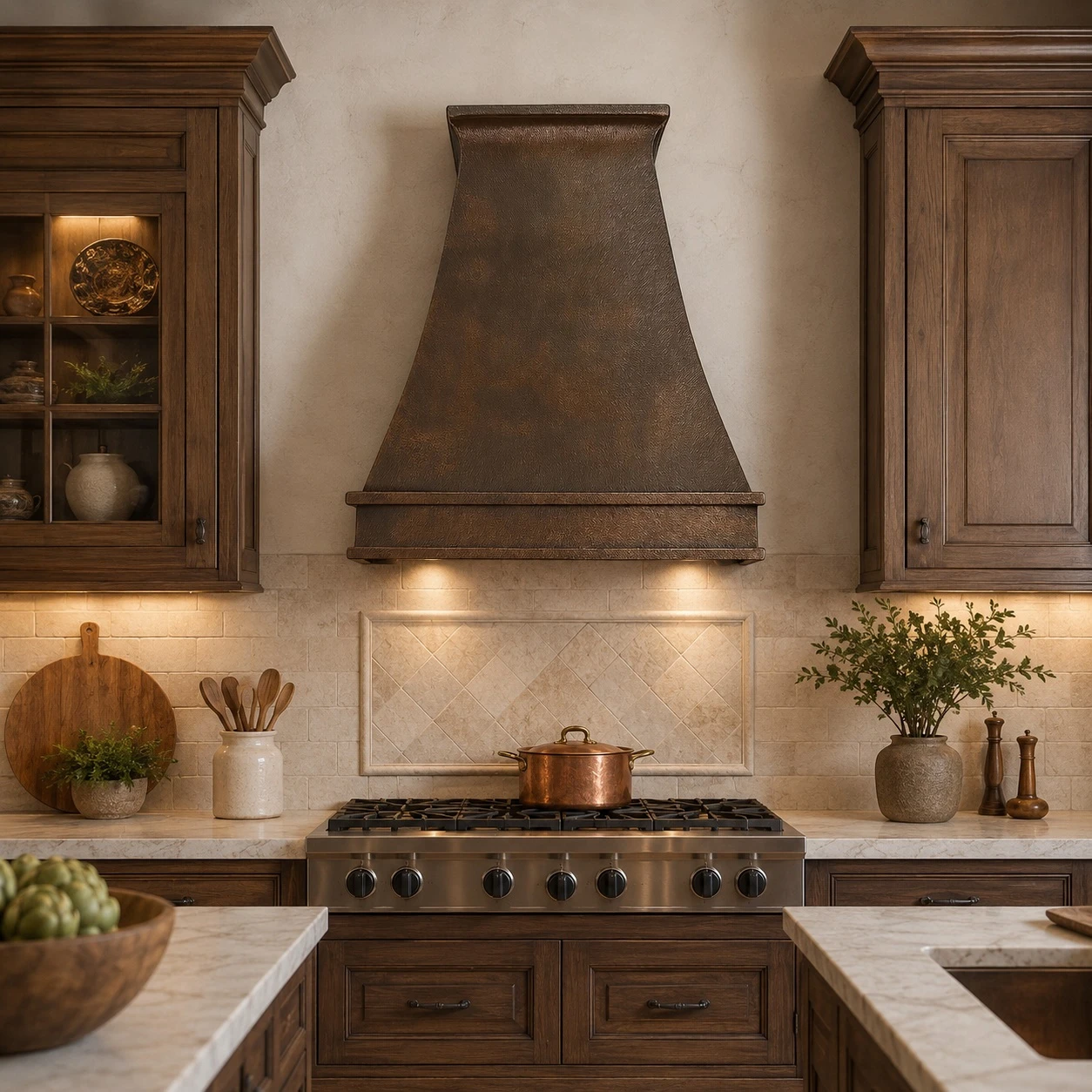 Exhaust copper kitchen hood with pyramidal shape in a custom kitchen with tailored cabinetry