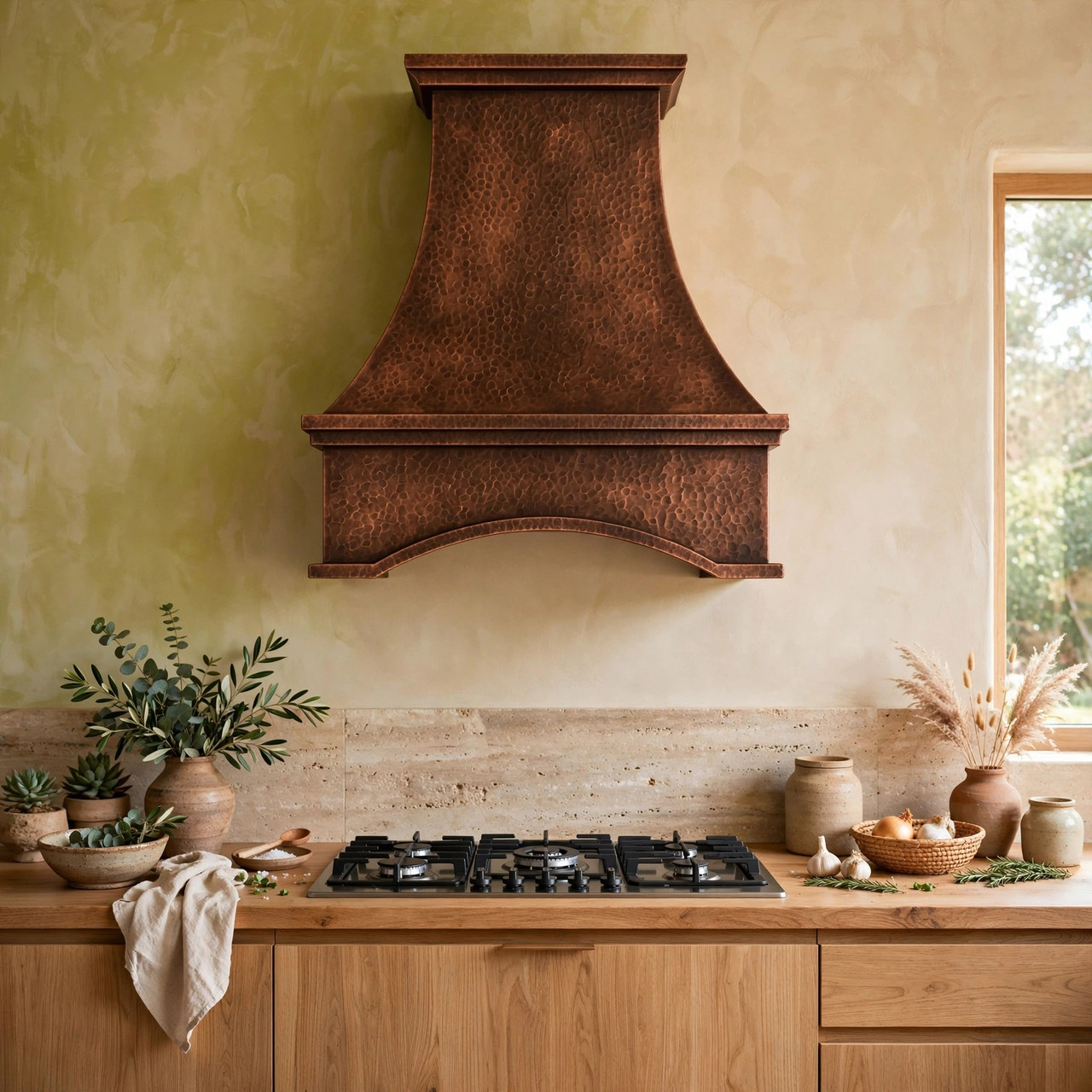 Organic modern kitchen with deep concave apron copper range hood and sculptural profile
