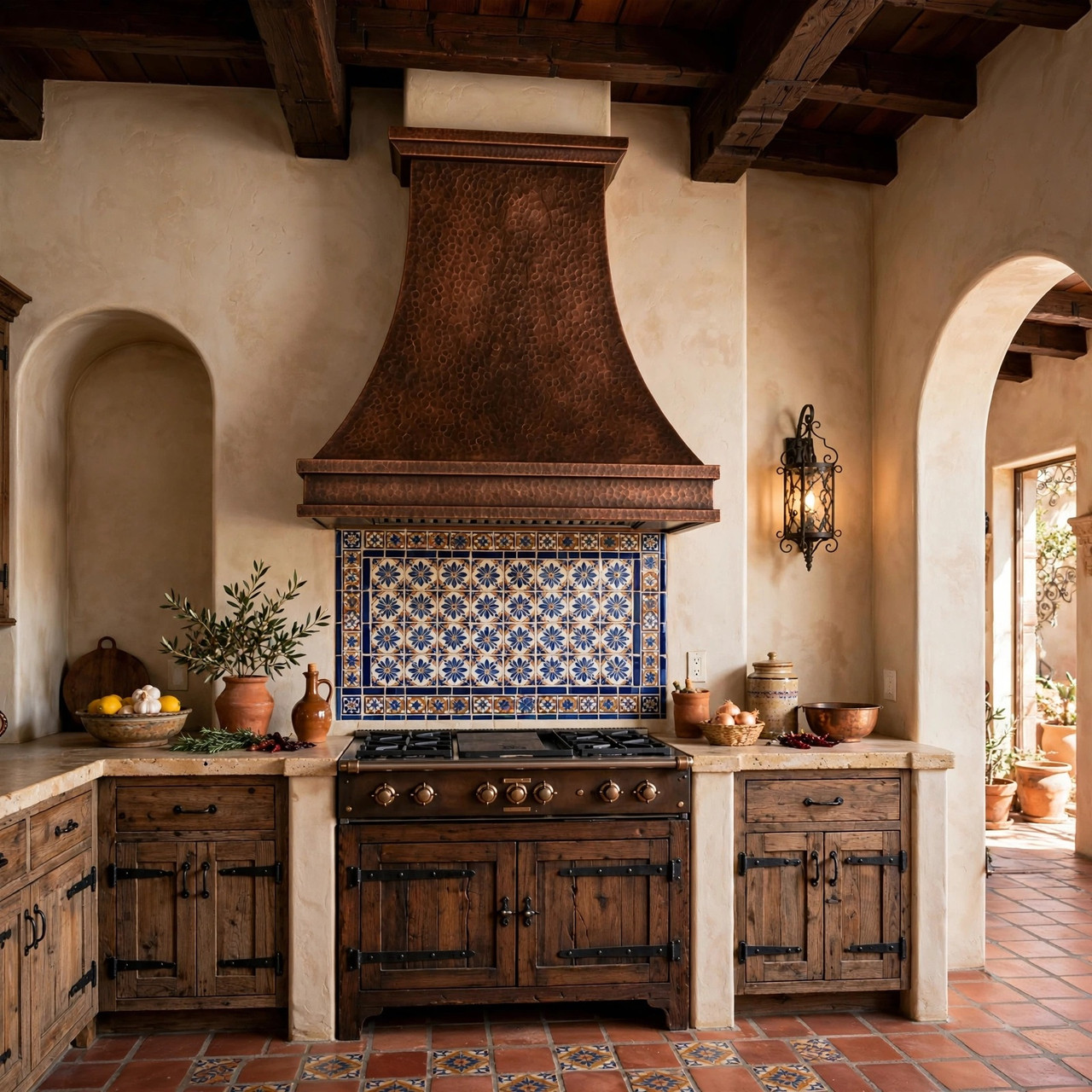 Spanish Revival kitchen with deep concave apron copper range hood and warm patina
