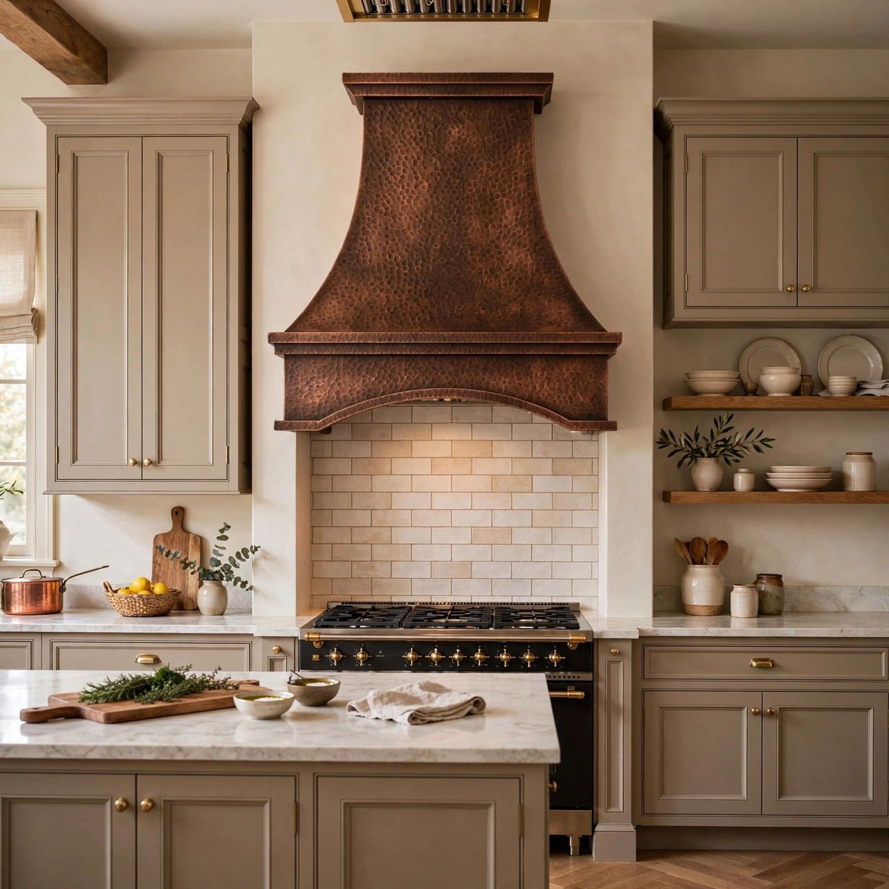 Refined transitional kitchen with deep concave apron copper range hood and tapered profile