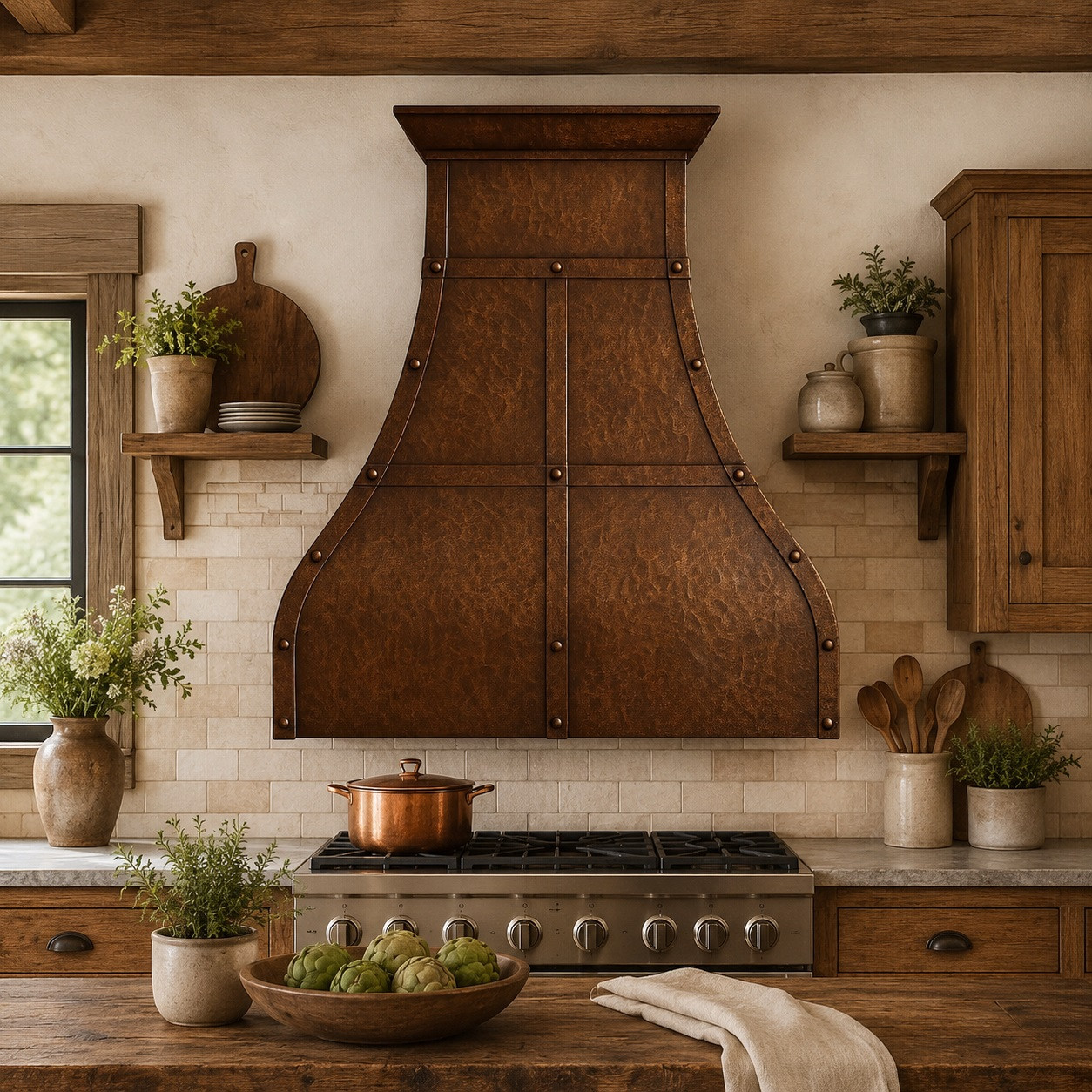 Custom dome copper range hood with riveted strap grid in a farmhouse kitchen with warm wood accents