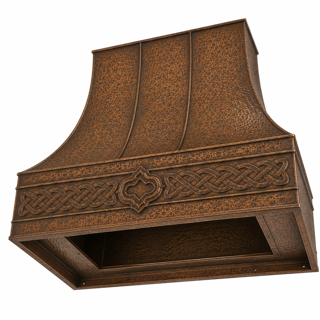 Underside view of Celtic knot copper range hood showing the open cavity for a buyer-supplied insert