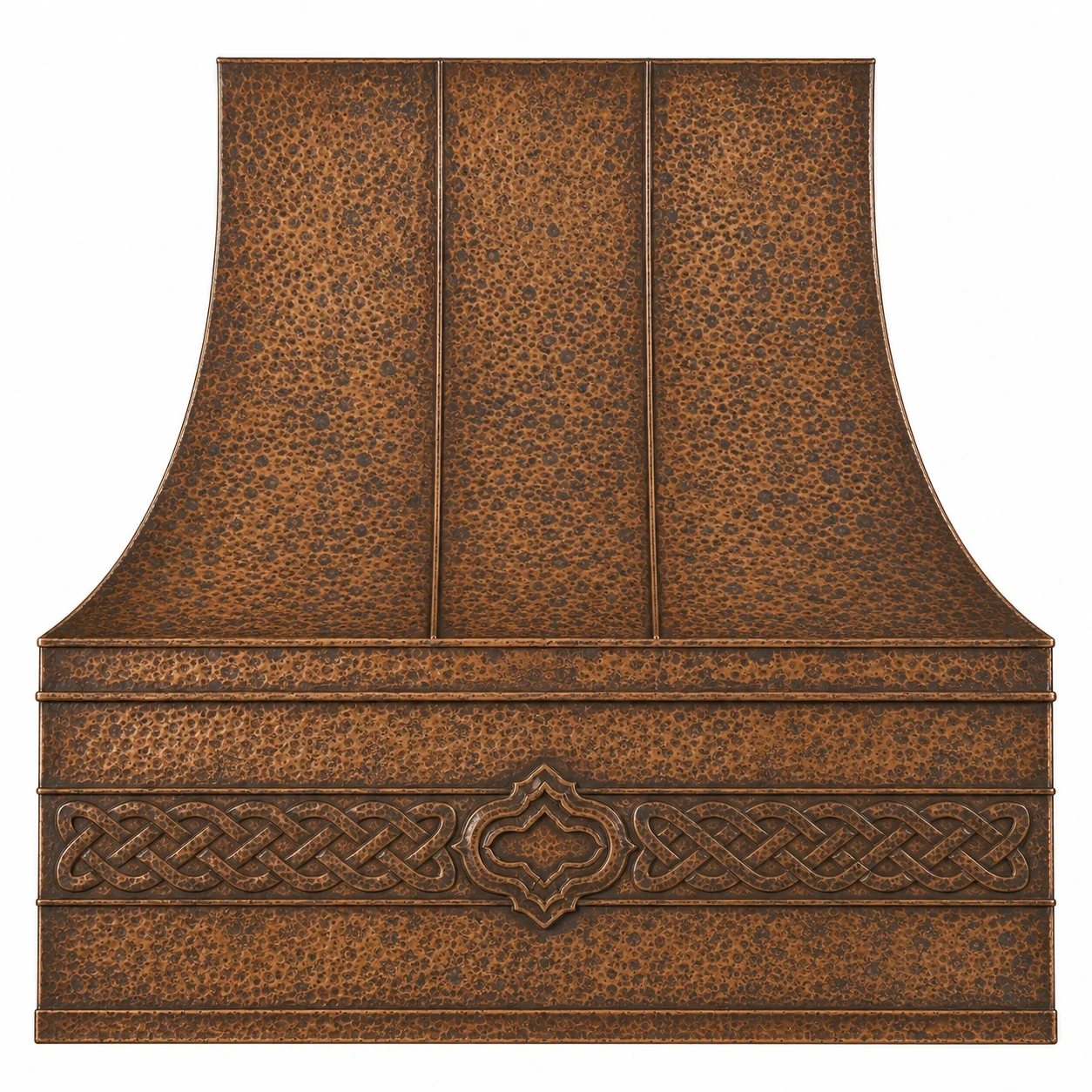Celtic knot copper range hood with embossed apron, flared canopy, hammered texture, and antique patina