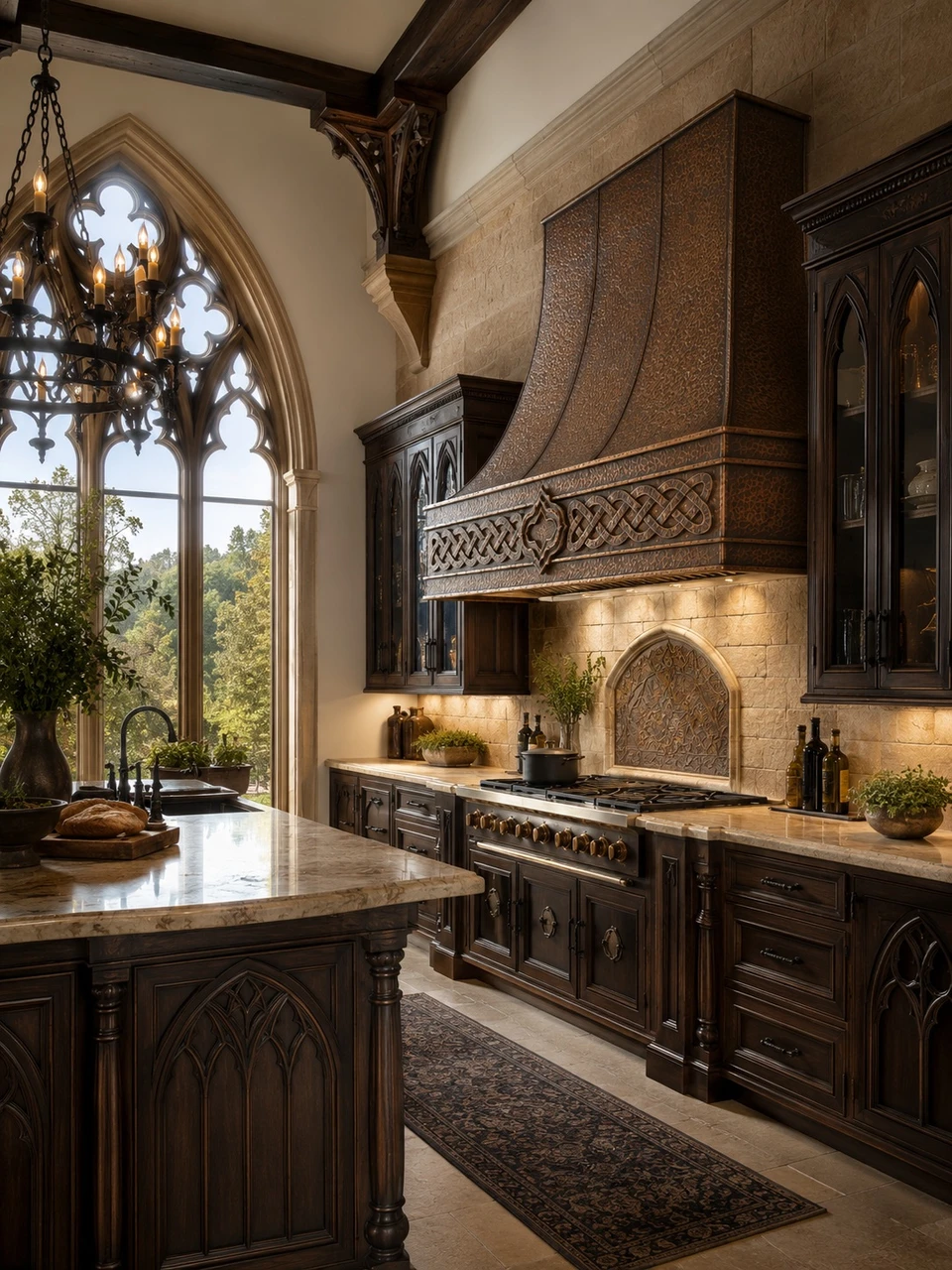 Gothic Revival kitchen with Celtic knot copper range hood and embossed apron