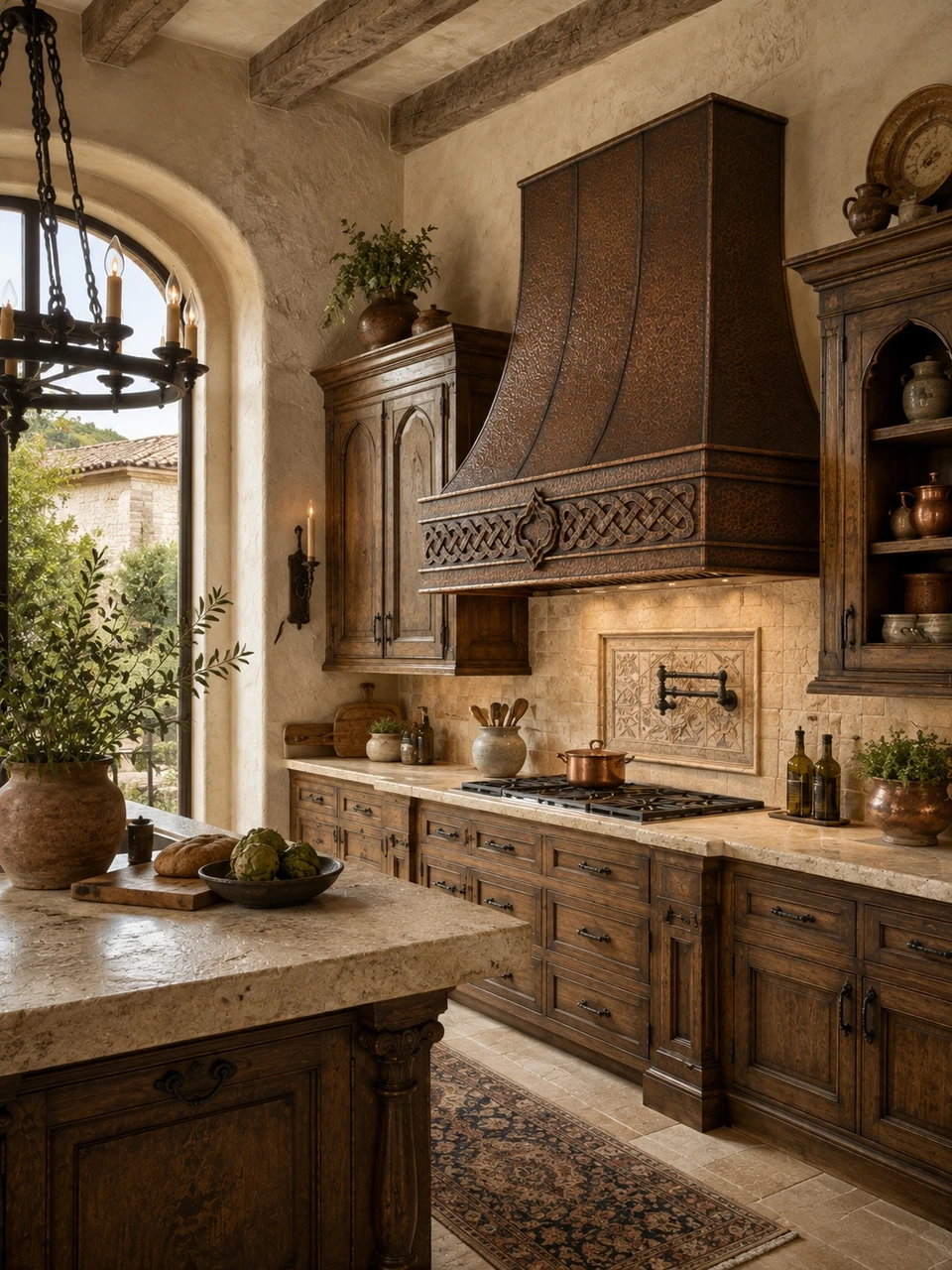 Old-world kitchen with Celtic knot copper range hood, hammered finish, and decorative apron