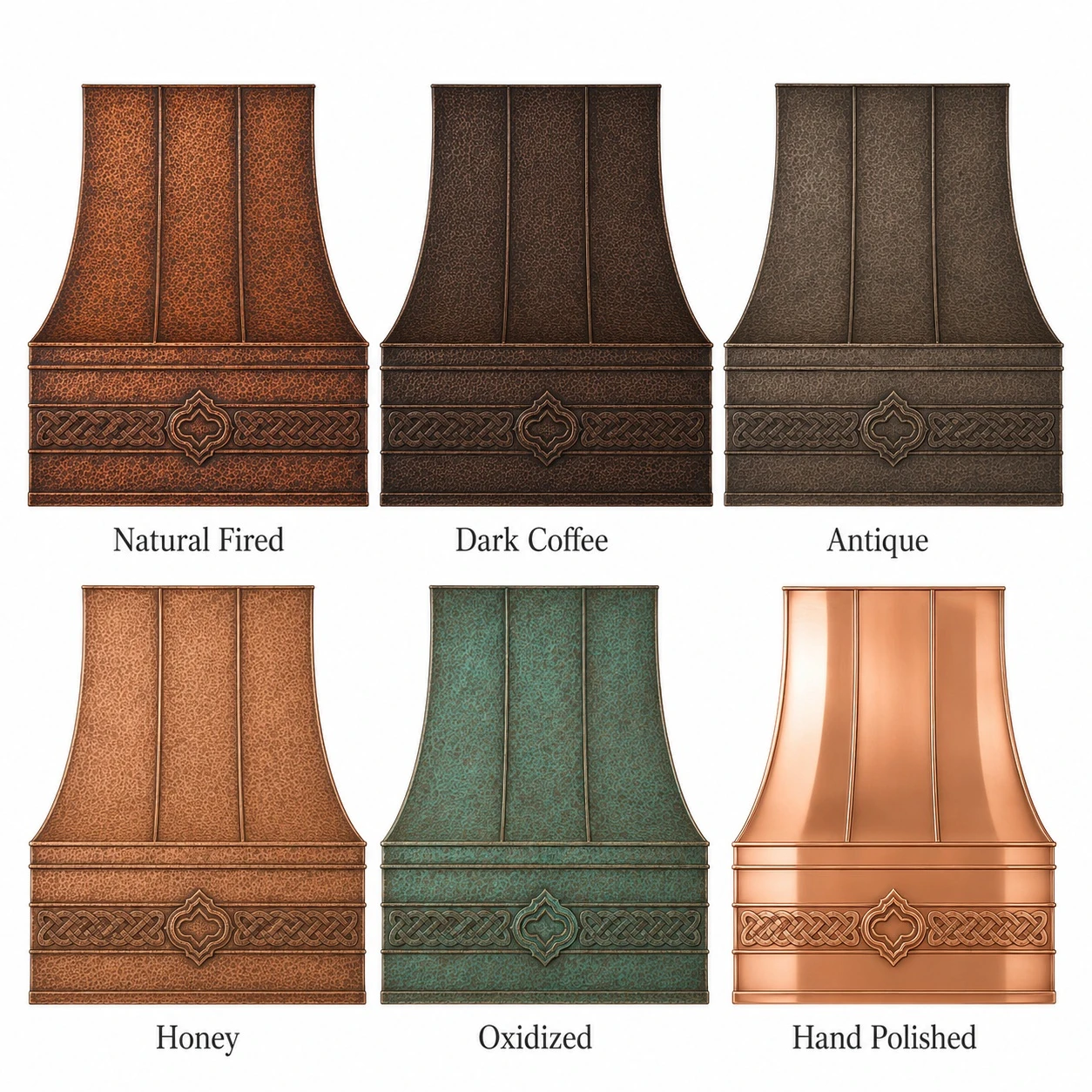 Copper patina finish options for Celtic knot copper range hood with embossed apron