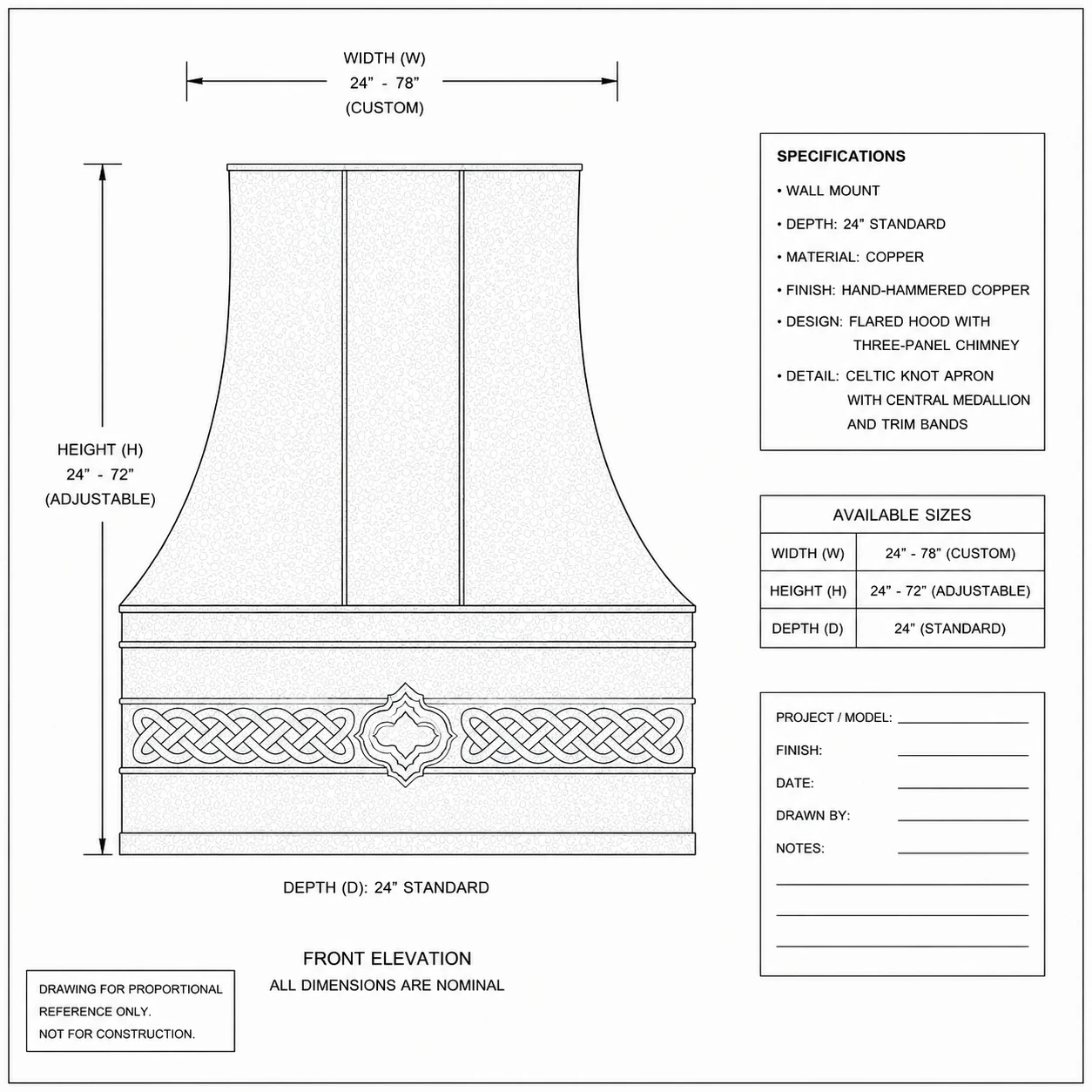 Proportional drawing of Celtic knot copper range hood with flared canopy and embossed apron