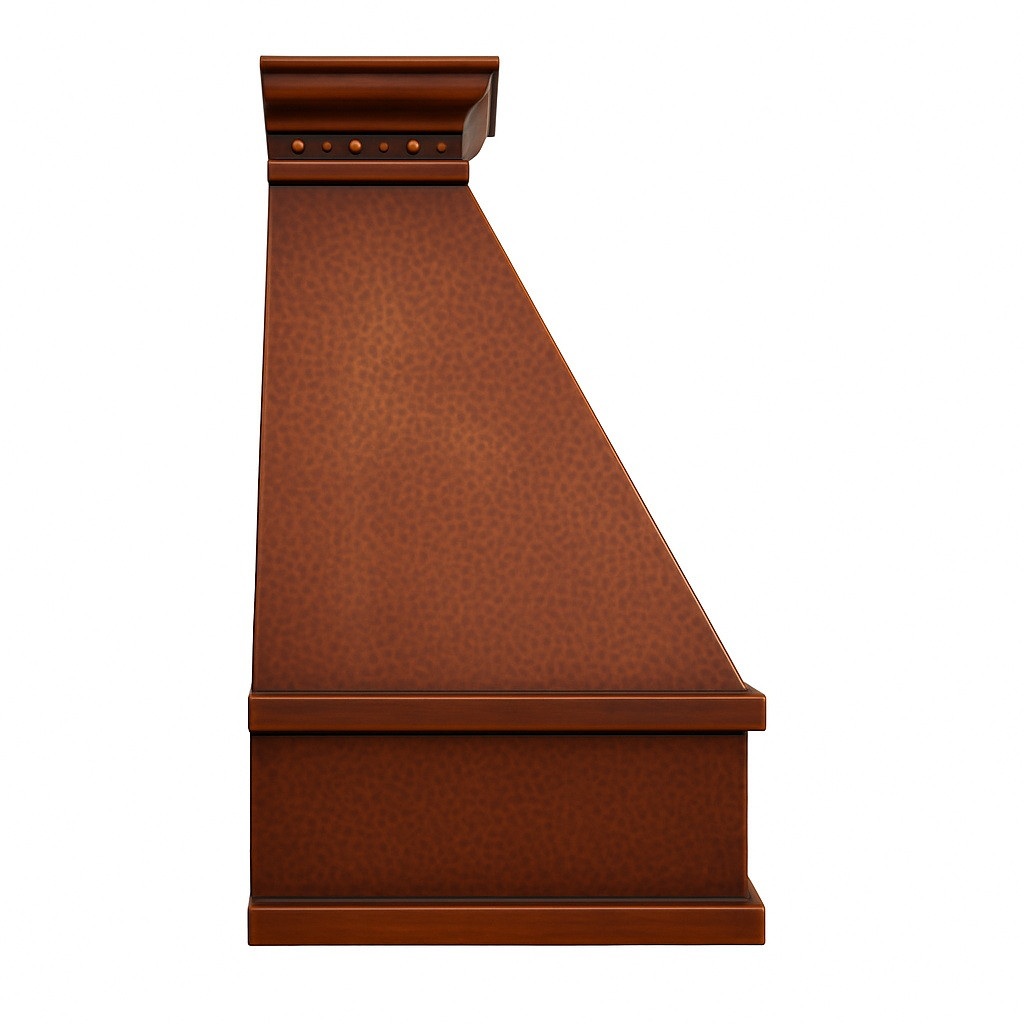 Classic copper range hood with rustic design side profile view, hammered copper surface with warm patina and tapered silhouette
