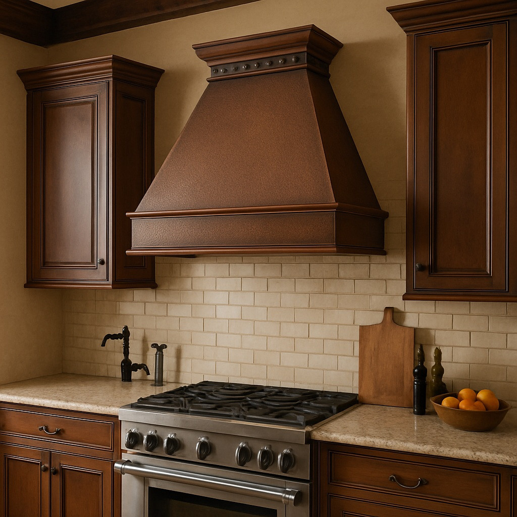 Classic copper range hood with rustic design in colonial kitchen interior, hammered copper canopy with warm patina above traditional cabinetry and stone backsplash