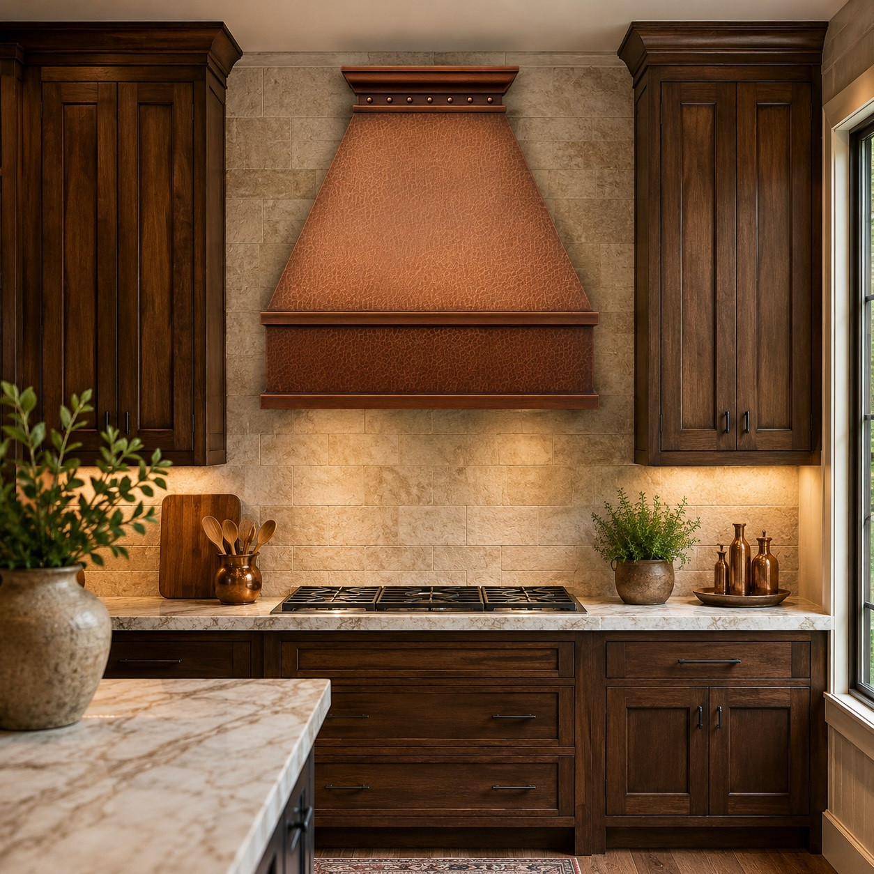 Classic copper range hood - Rustic design in a custom kitchen with tailored cabinetry