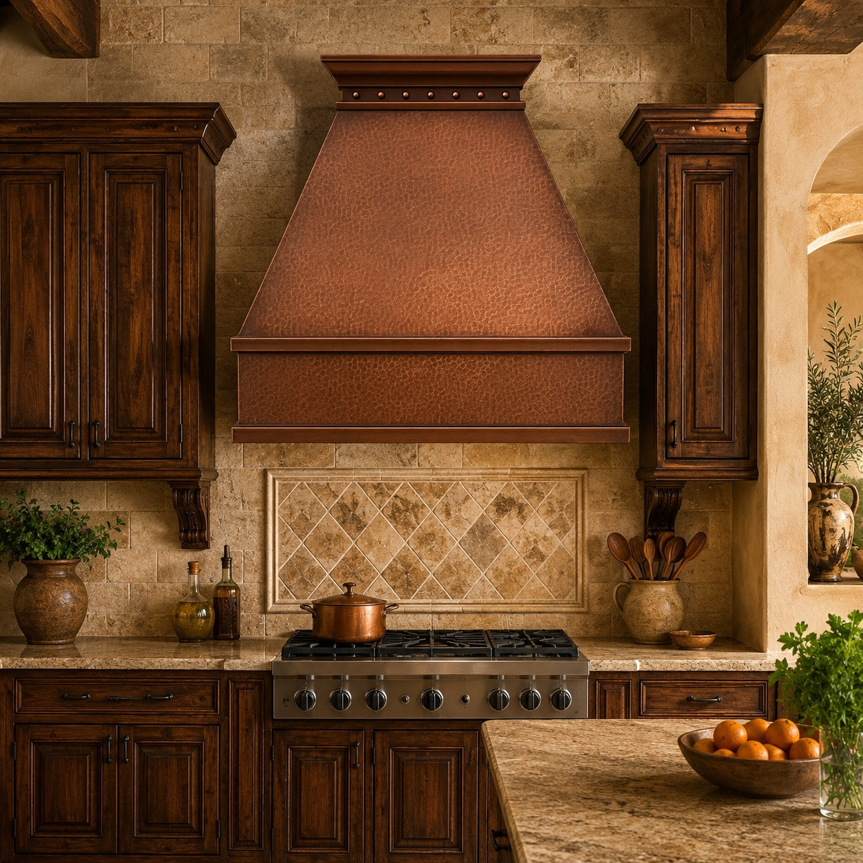 Classic copper range hood - Rustic design in a Tuscan kitchen with stone and rich wood