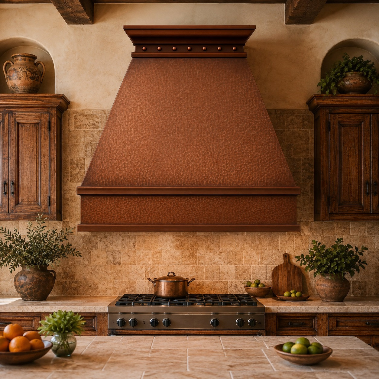 Classic copper range hood - Rustic design in a hacienda kitchen with rustic tile and wood