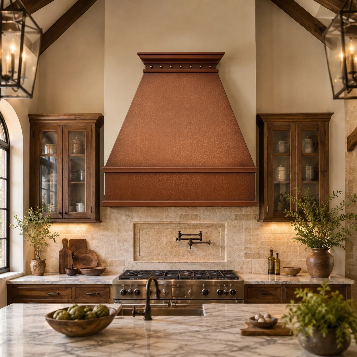 Classic copper range hood - Rustic design in a high-ceiling kitchen with exposed wood beams