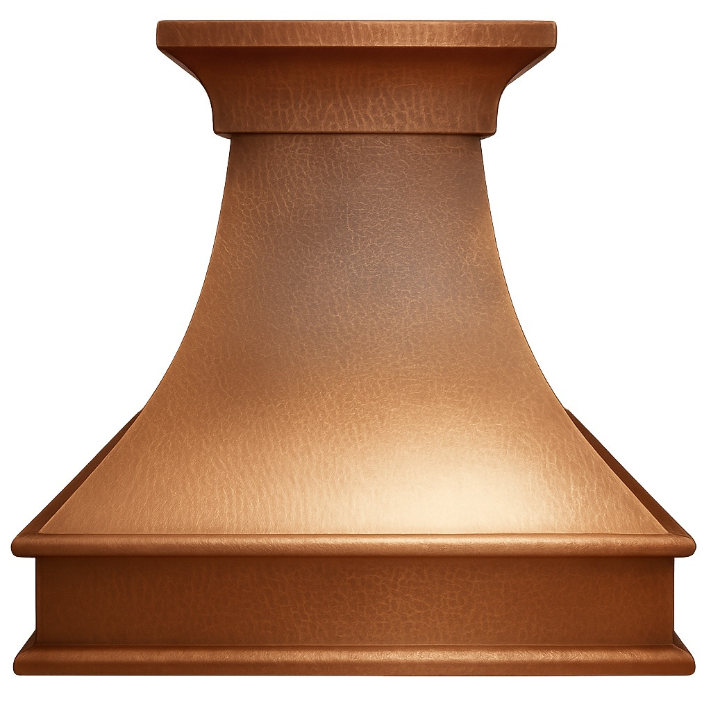 Rustic copper kitchen range hood with warm honey patina, hammered surface with soft glow above range and natural texture