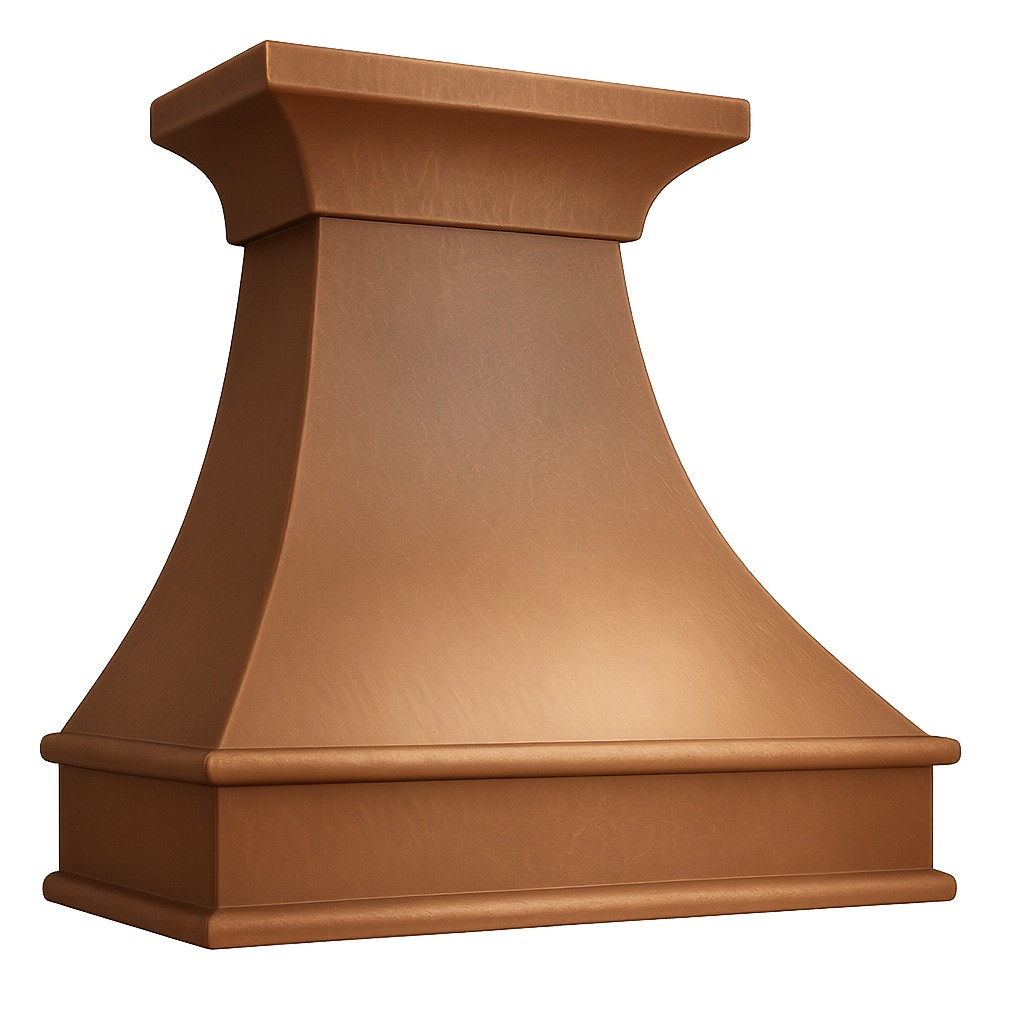 Rustic copper kitchen range hood shown angled view, hammered surface with warm patina and visible sloping canopy