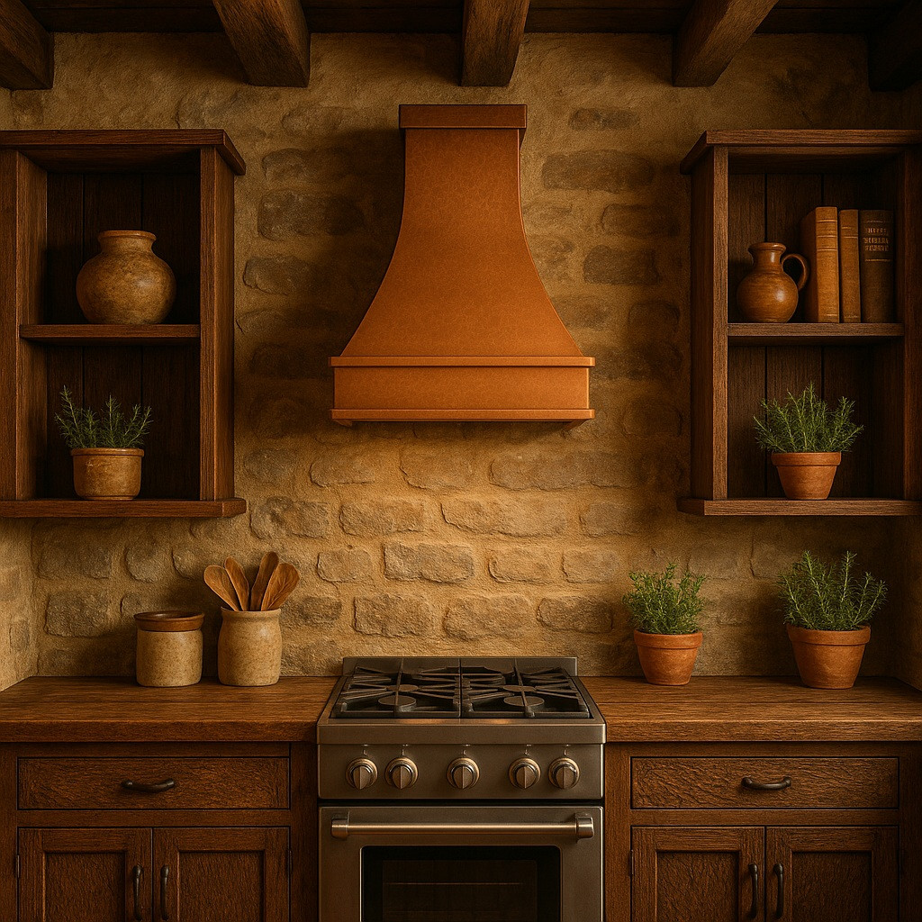 Wall mount rustic copper kitchen range hood, hammered canopy with warm patina above range and simple apron profile