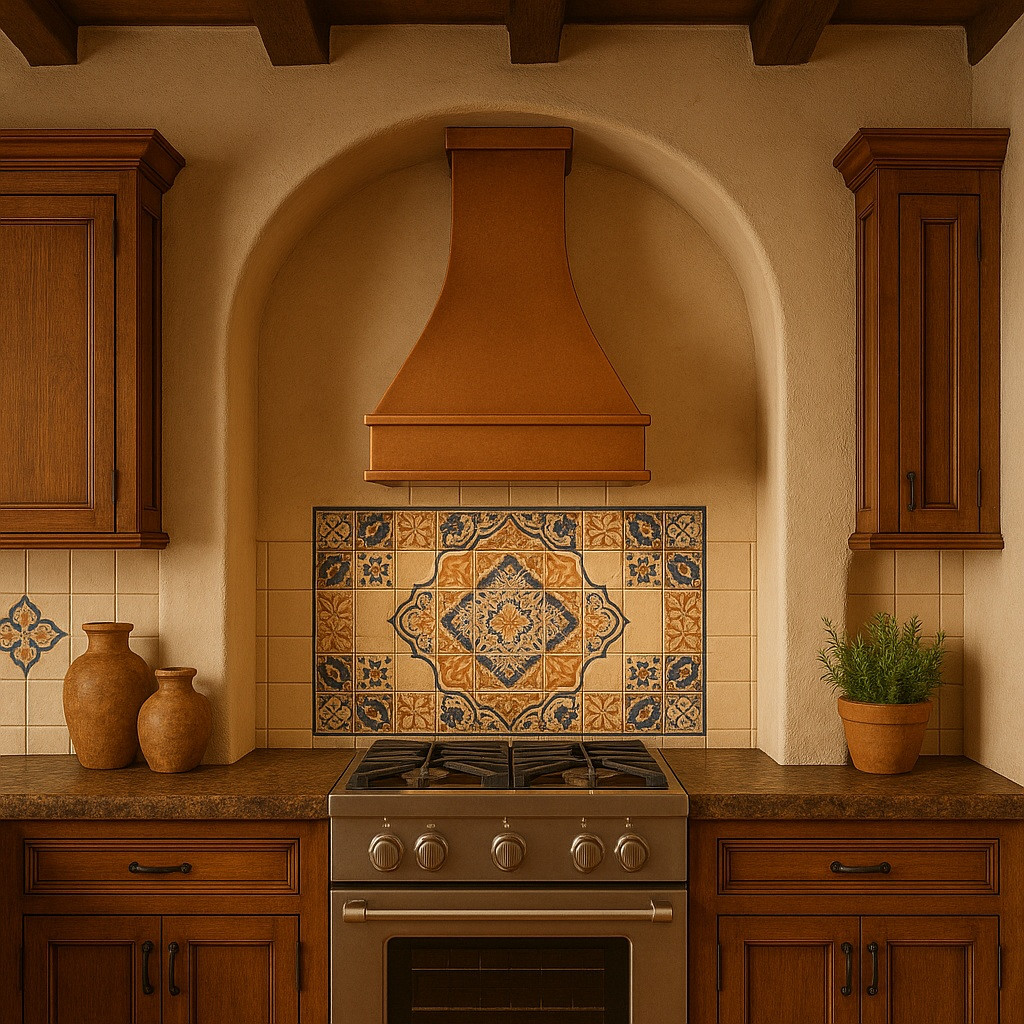 Rustic copper range hood in Spanish Revival kitchen, hammered canopy with warm patina above range and arched details