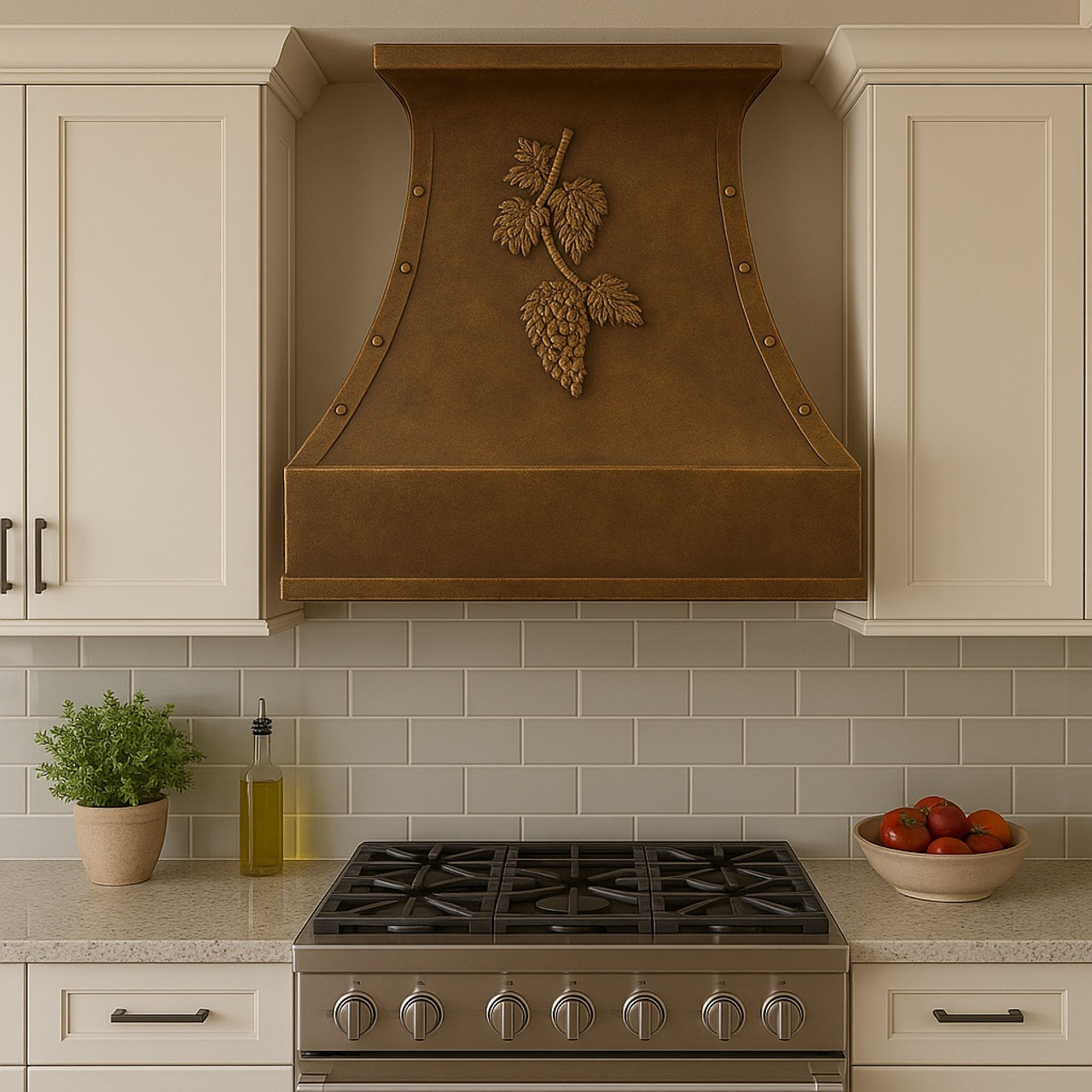 Tuscan 36 inch copper range hood in a transitional style kitchen