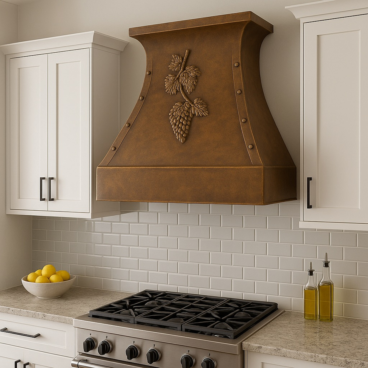 Tuscan 42-inch copper range hood in a transitional style kitchen