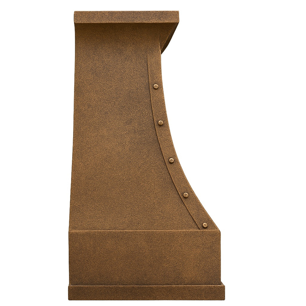 Side view of Tuscan bell copper range hood with riveted straps and deep apron